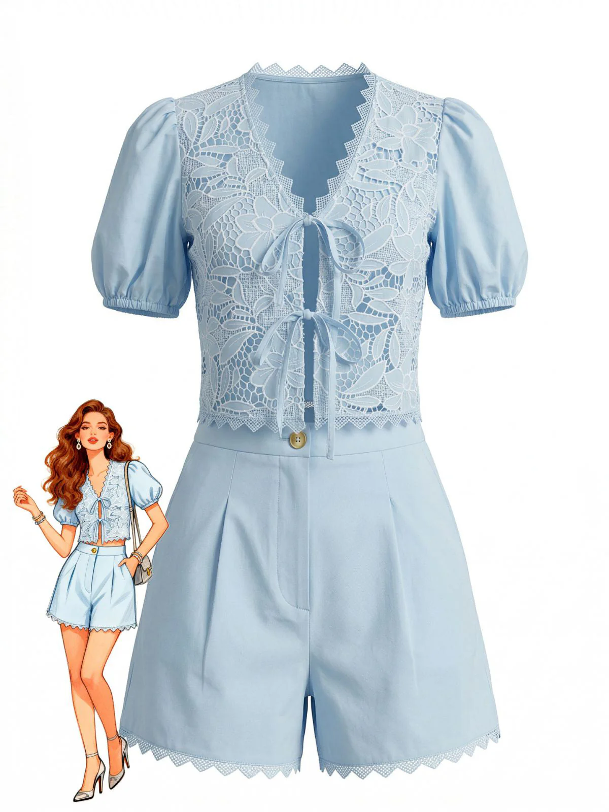 2PCS 1950s Cotton Lace Puff Sleeve Tie-Front Top & Shorts