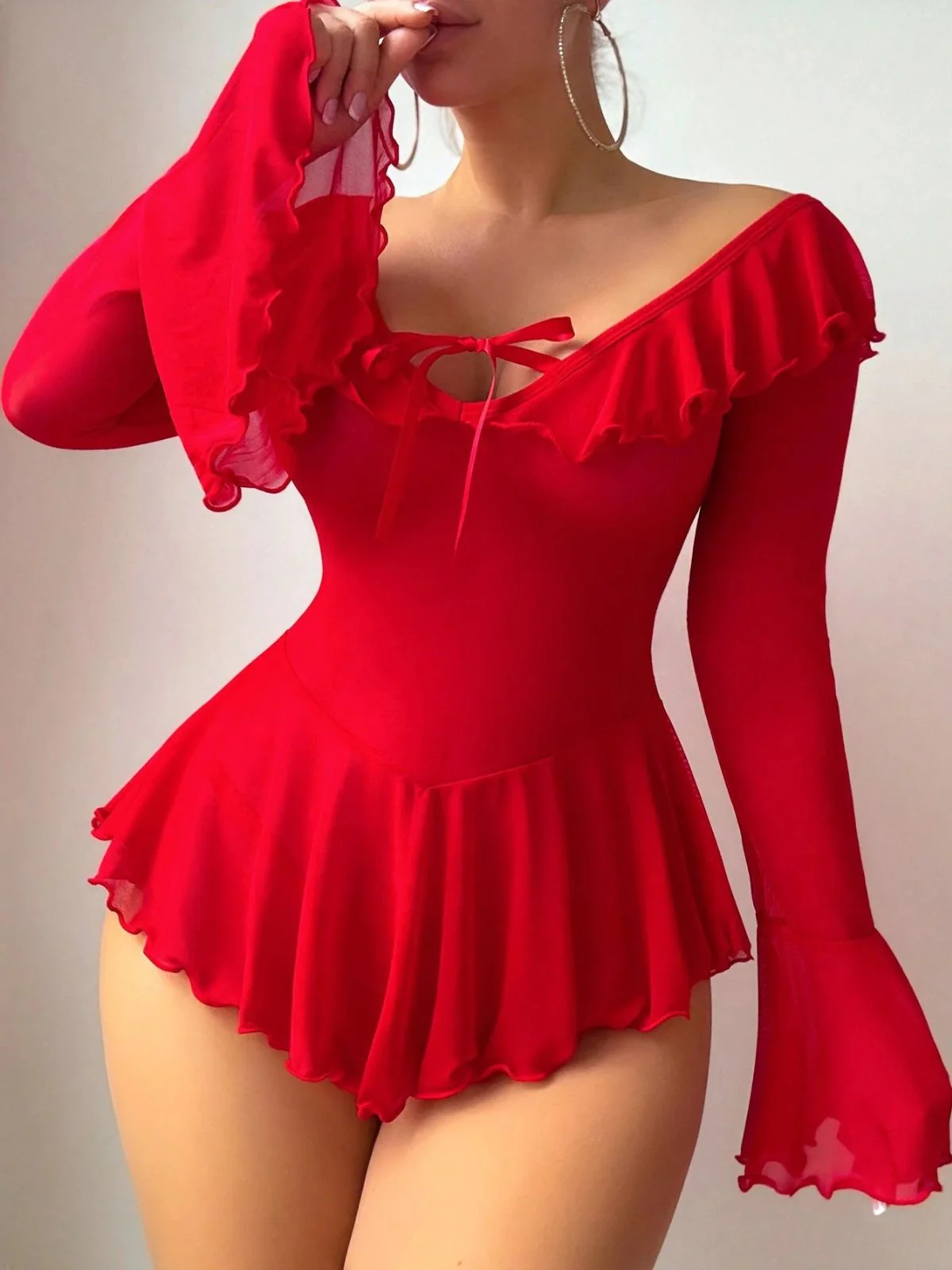 2PCS 1950s Off-Shoulder Sheer Mesh Nightgown - Image 5