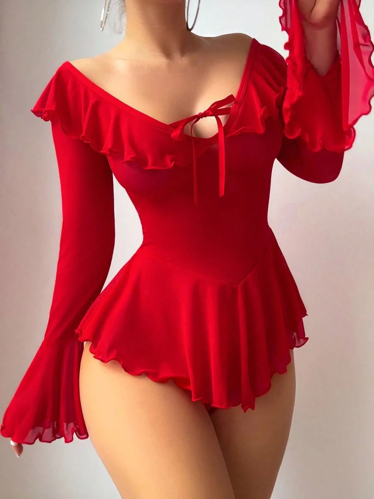 2PCS 1950s Off-Shoulder Sheer Mesh Nightgown - Image 6