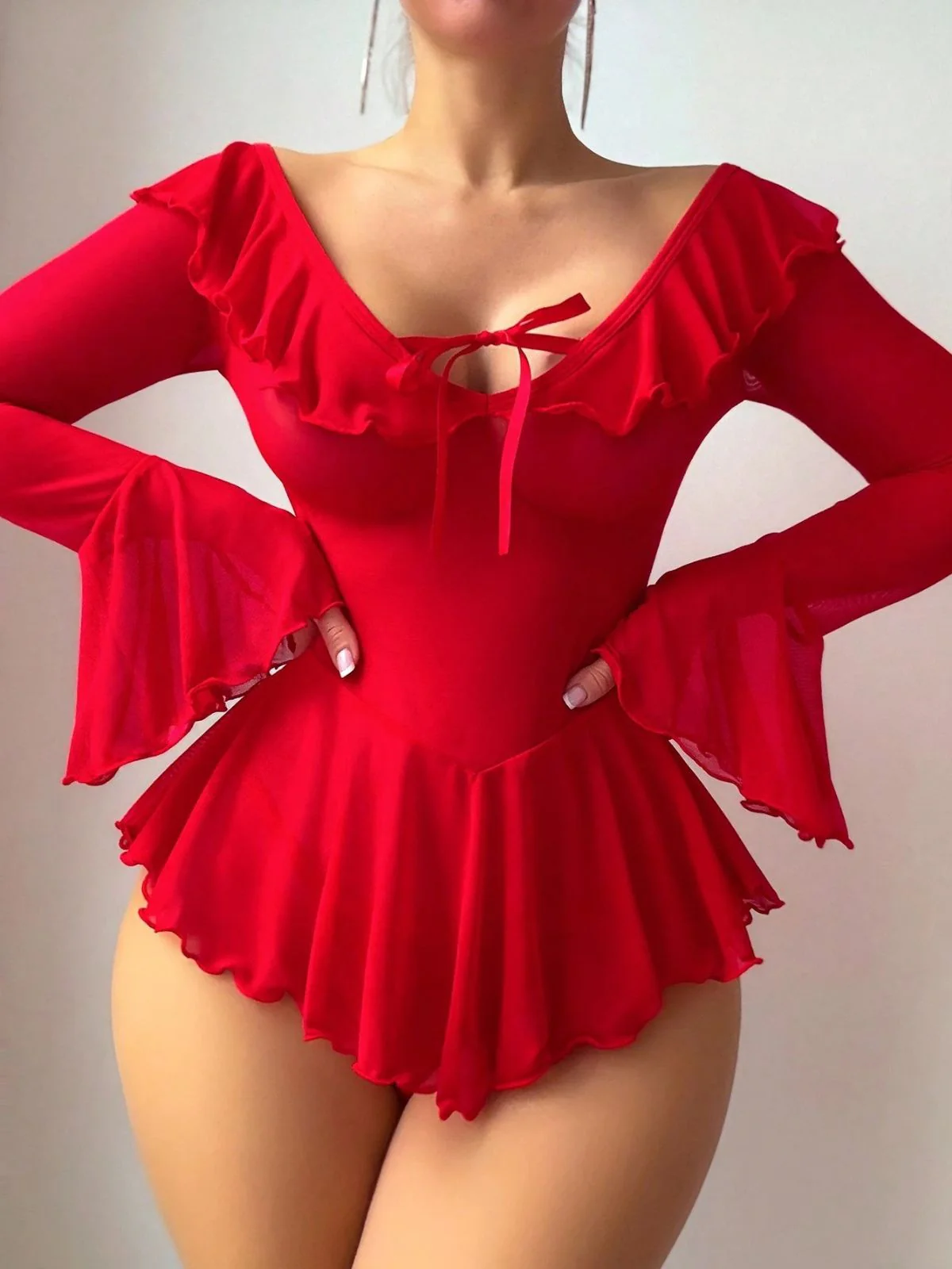 2PCS 1950s Off-Shoulder Sheer Mesh Nightgown - Image 7