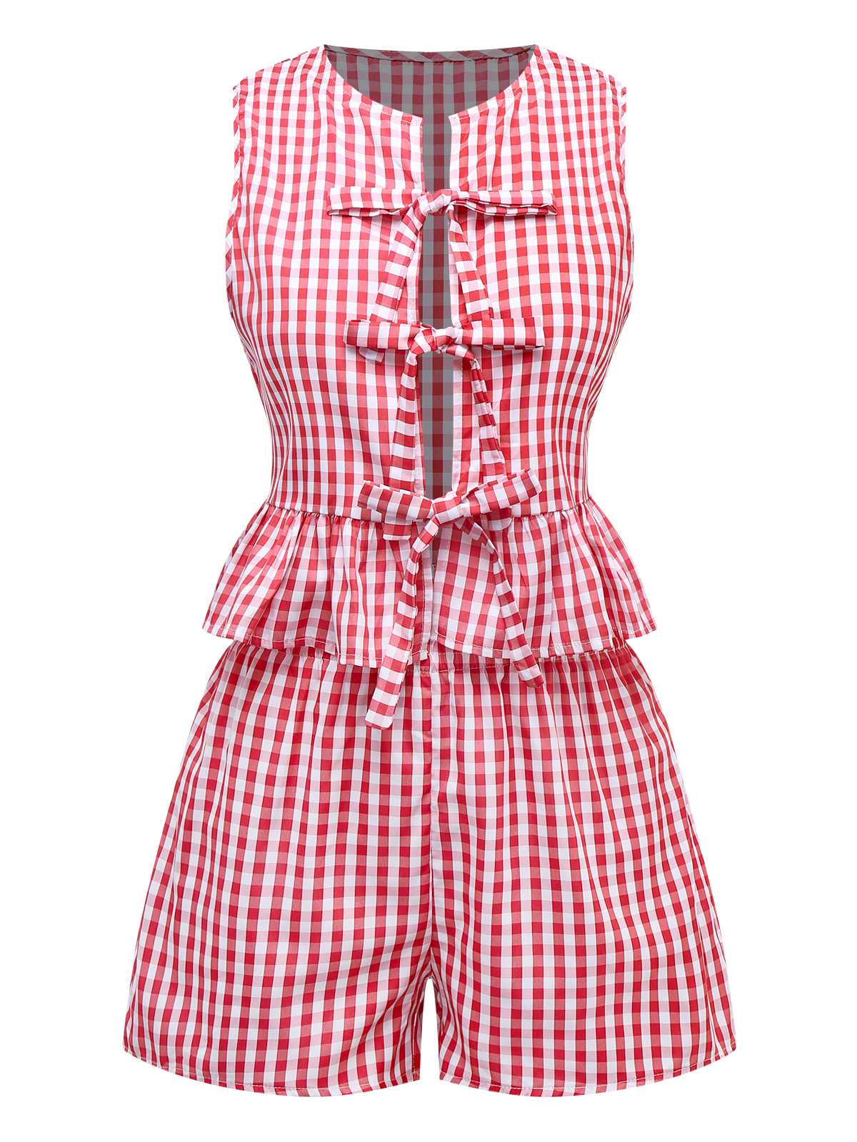 2PCS 1950s Plaid Ruffled Bow Vest & Shorts