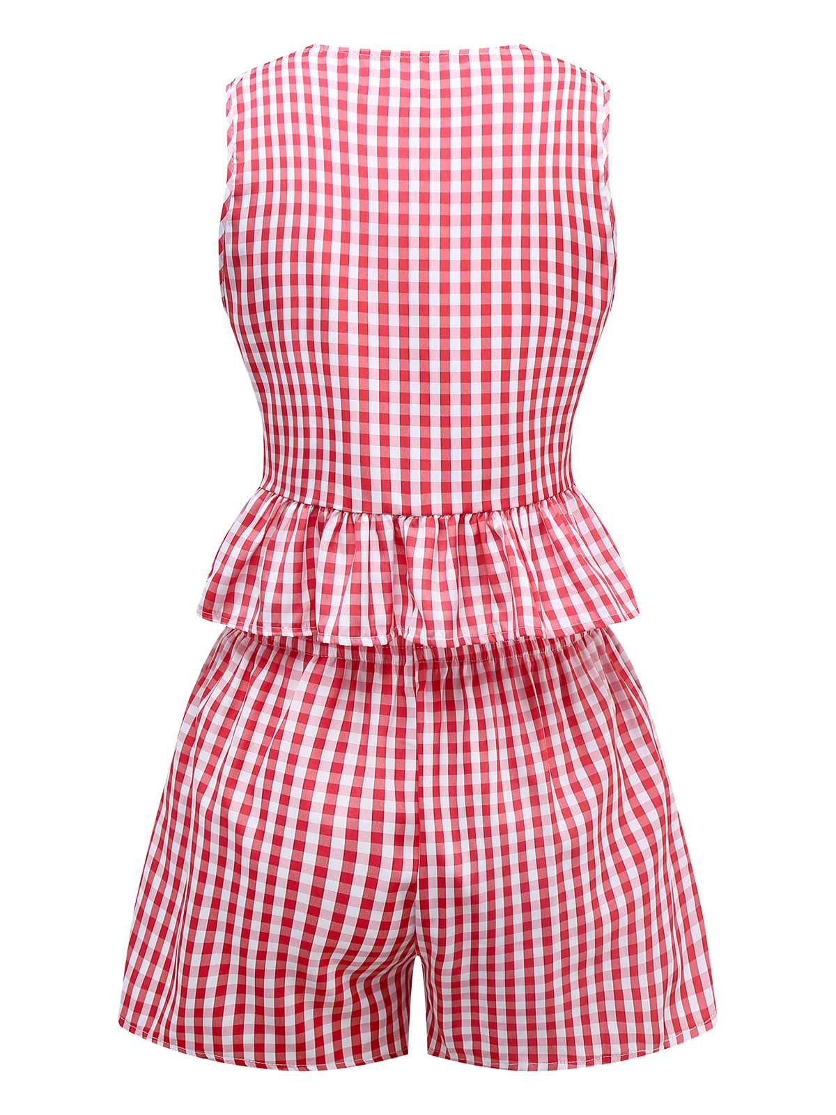 2PCS 1950s Plaid Ruffled Bow Vest & Shorts - Image 2