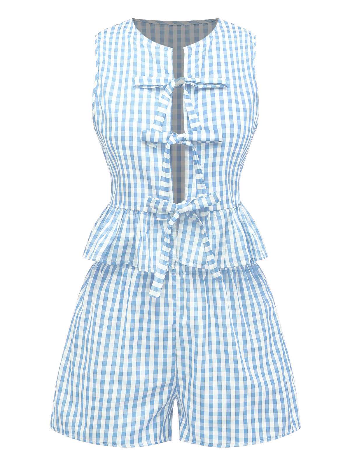 2PCS 1950s Plaid Ruffled Bow Vest & Shorts - Image 7