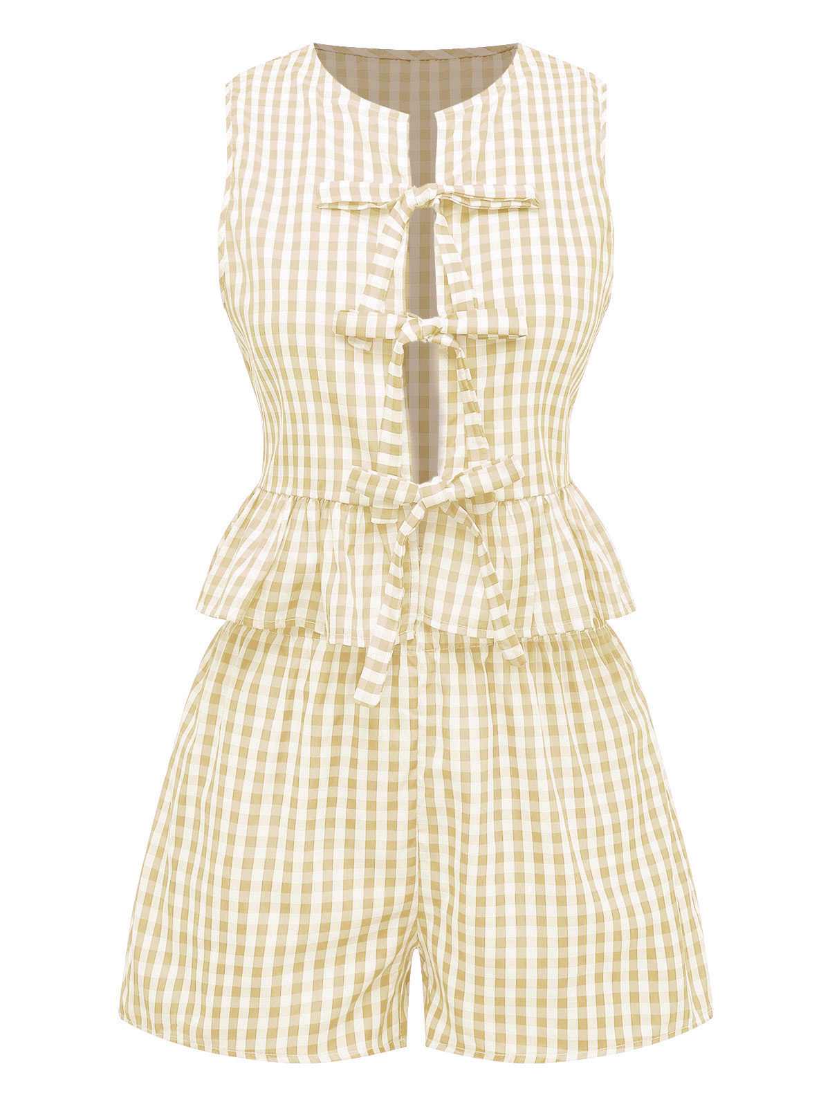 2PCS 1950s Plaid Ruffled Bow Vest & Shorts - Image 9