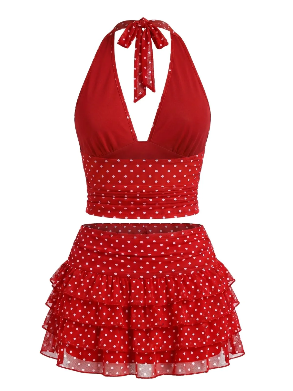 2PCS 1950s Polka Dot Halter Top & Tiered Mesh Skirt - Image 2