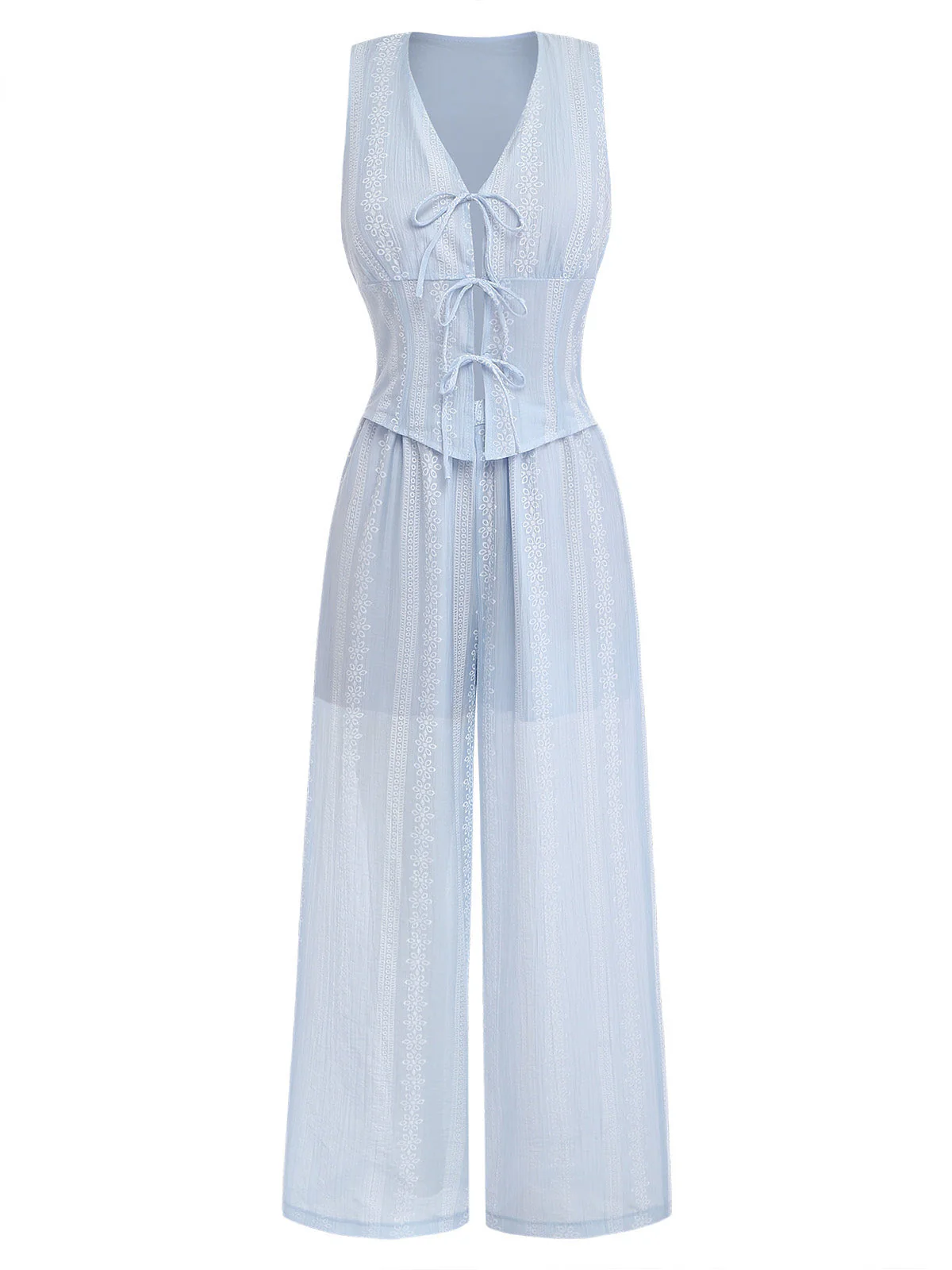 2PCS 1950s Sleeveless V-Neck Lace-Up Corset Top & Pants - Image 2