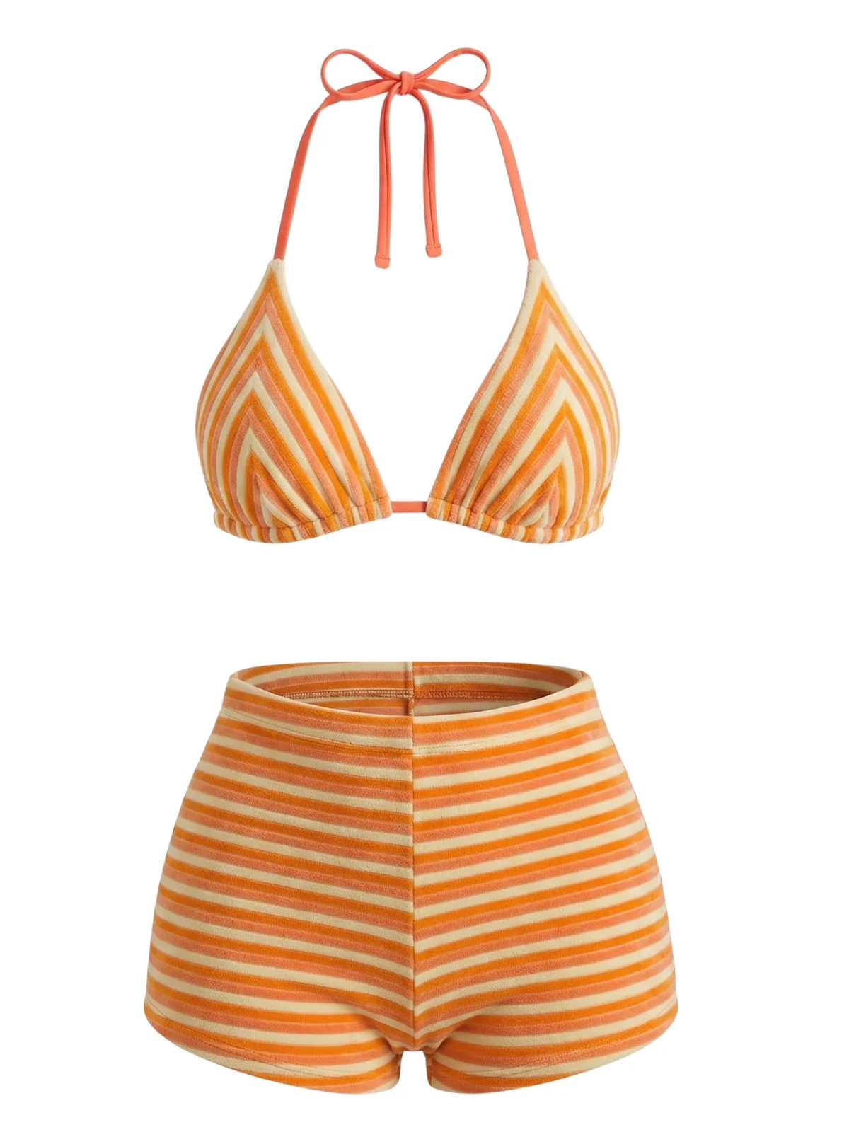 2PCS 1950s Striped Terry Halter Bikini & Shorts