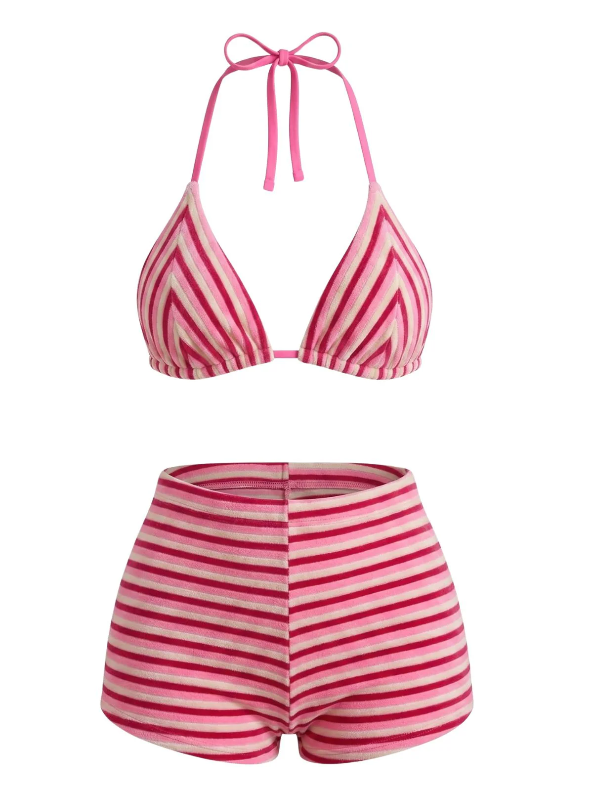 2PCS 1950s Striped Terry Halter Bikini & Shorts - Image 5