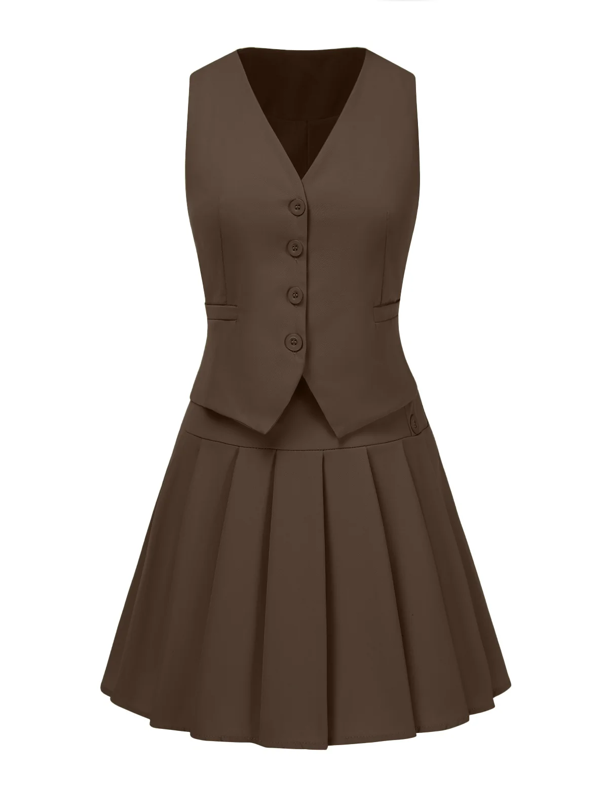 2PCS 1960s Solid Buttons Vest & Pleated Skirt