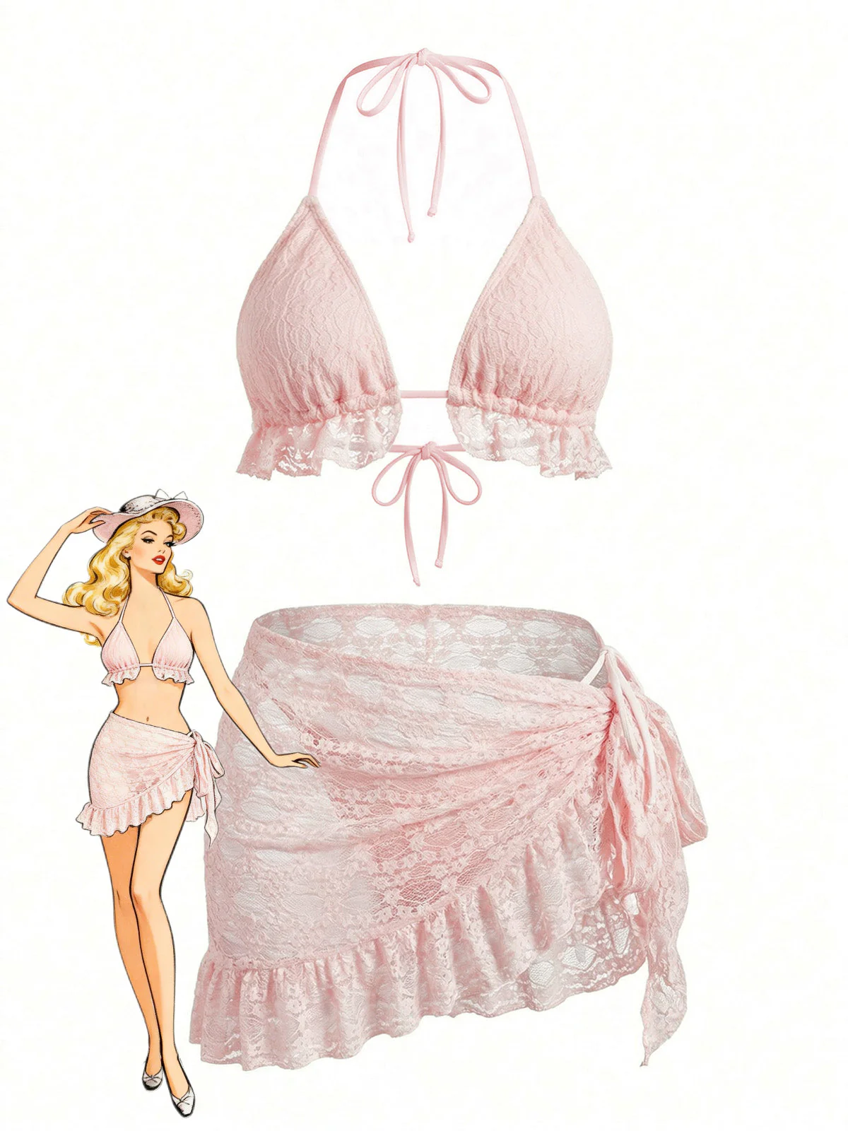2PCS 1960s Solid Halter Lace Bikini Set & Ruffle Cover-Up