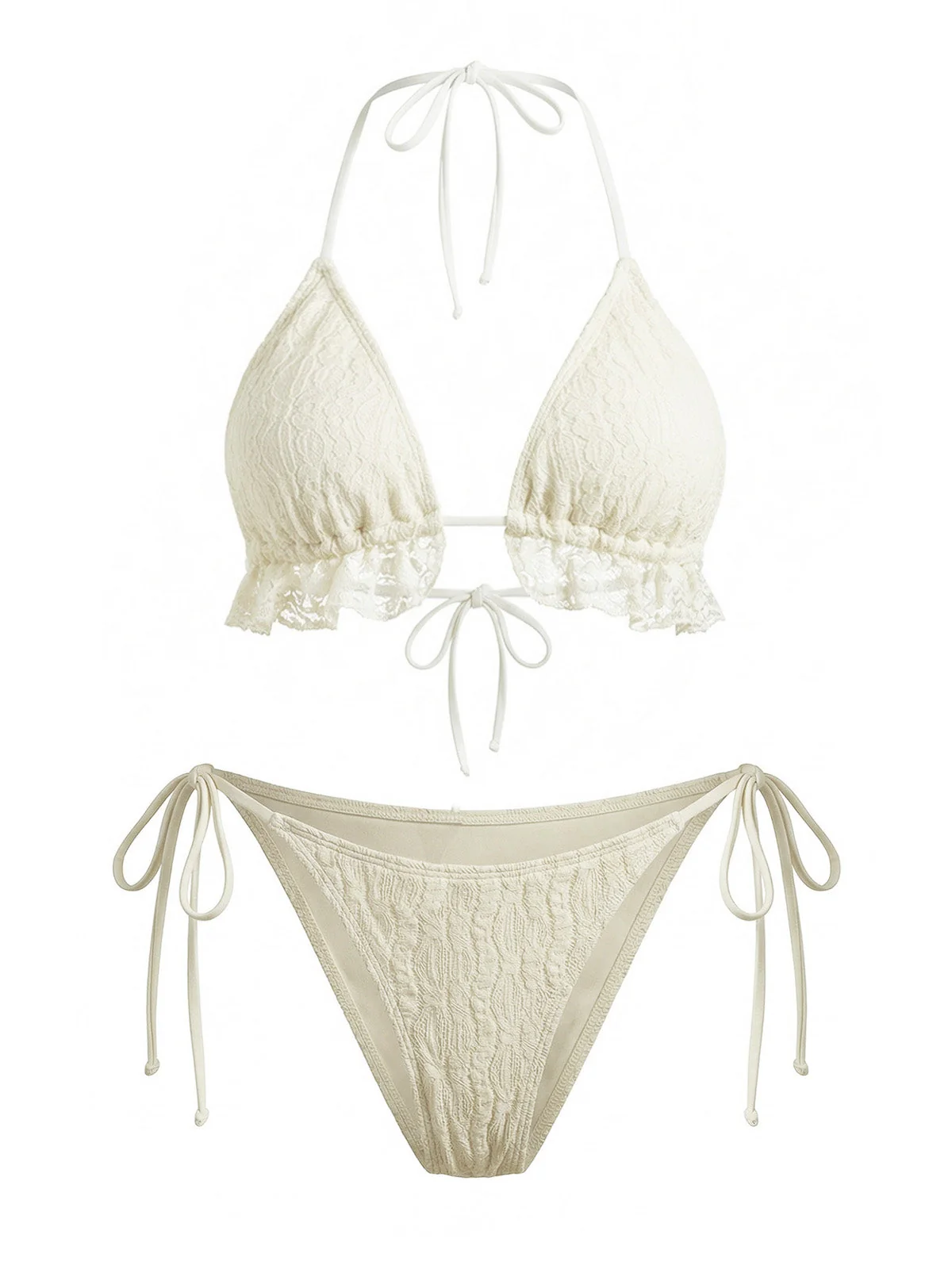 2PCS 1960s Solid Halter Lace Bikini Set & Ruffle Cover-Up - Image 7