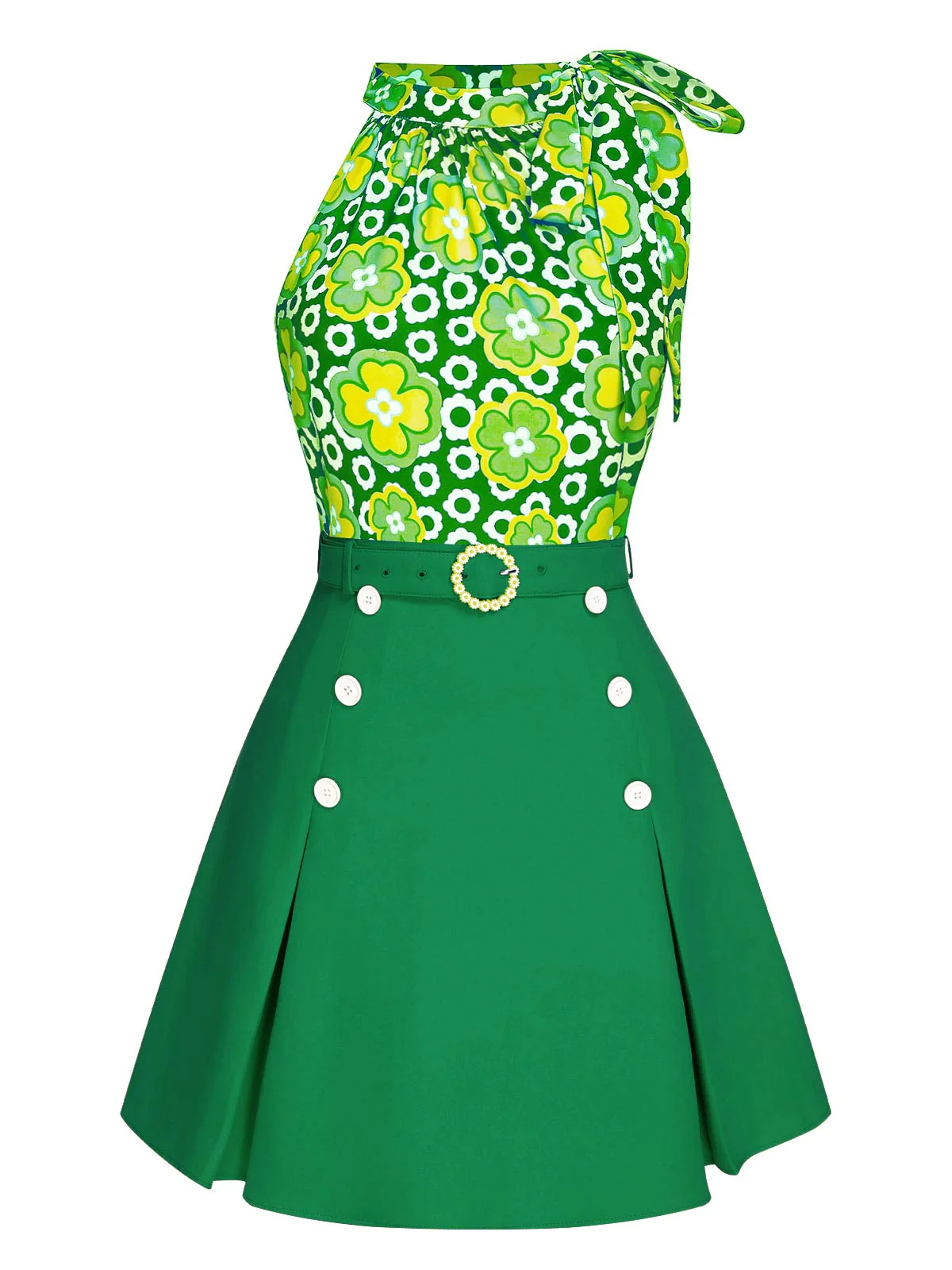 2PCS 1960s Tie Neck Floral Top & Button Solid Skirt - Image 13