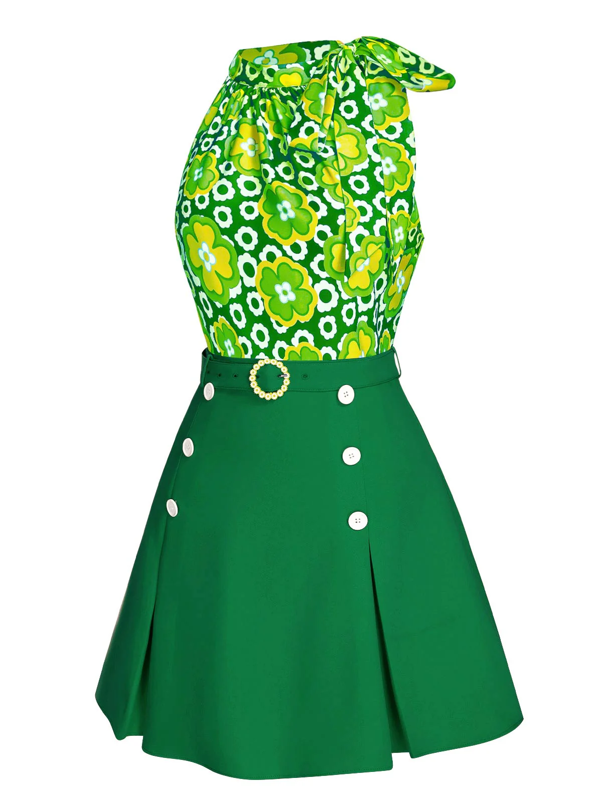 2PCS 1960s Tie Neck Floral Top & Button Solid Skirt - Image 3