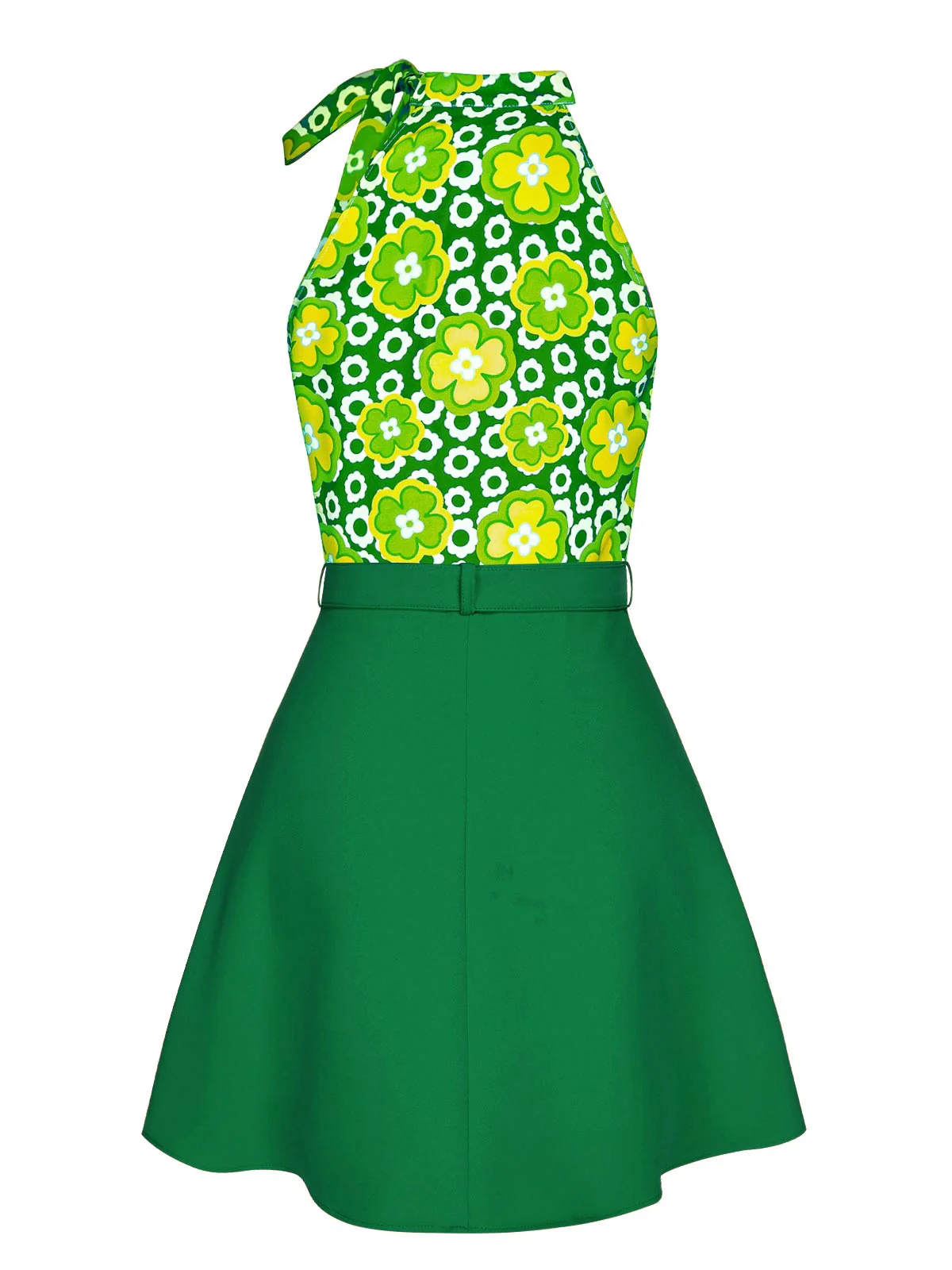2PCS 1960s Tie Neck Floral Top & Button Solid Skirt - Image 4
