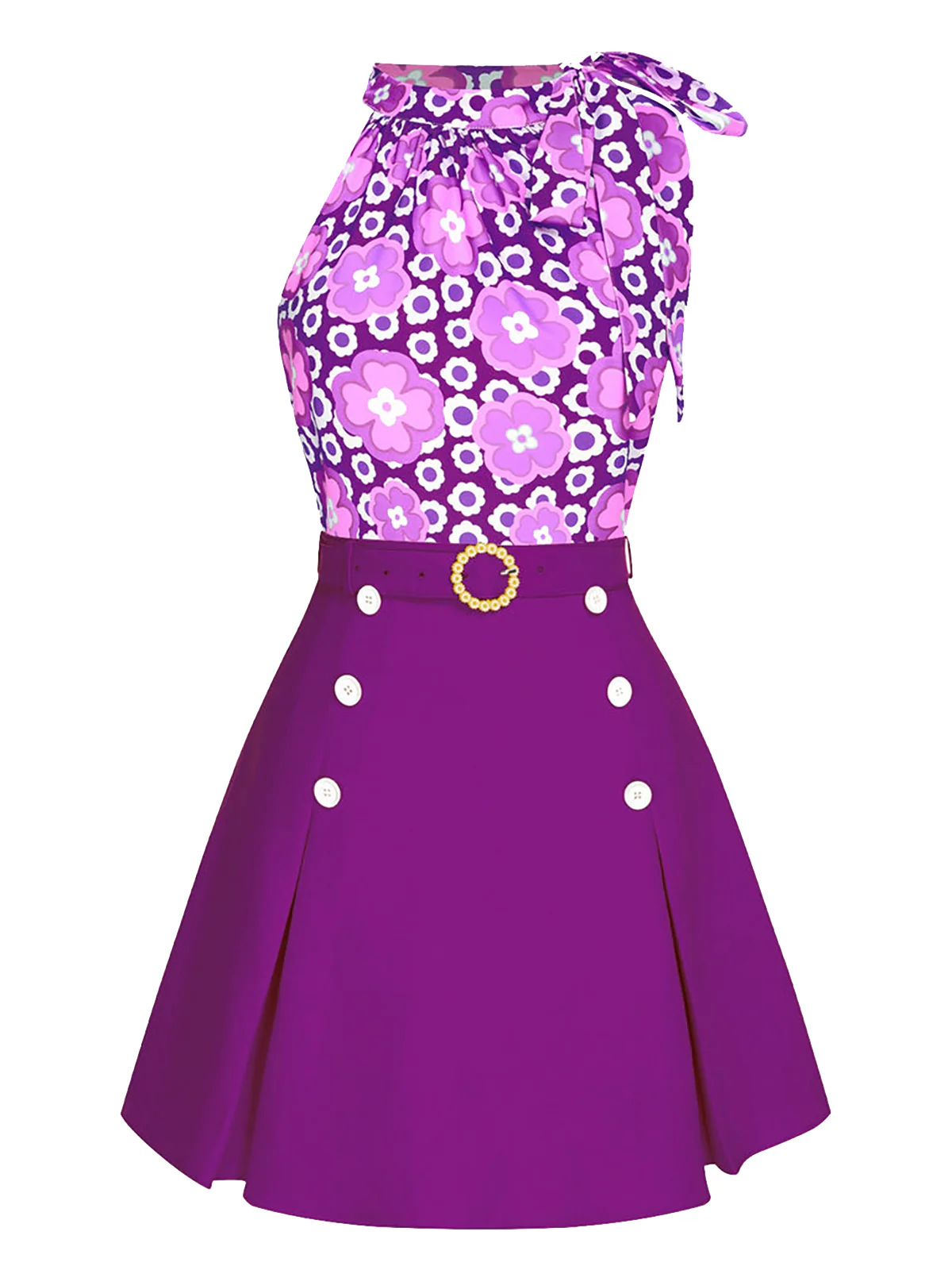 2PCS 1960s Tie Neck Floral Top & Button Solid Skirt - Image 5