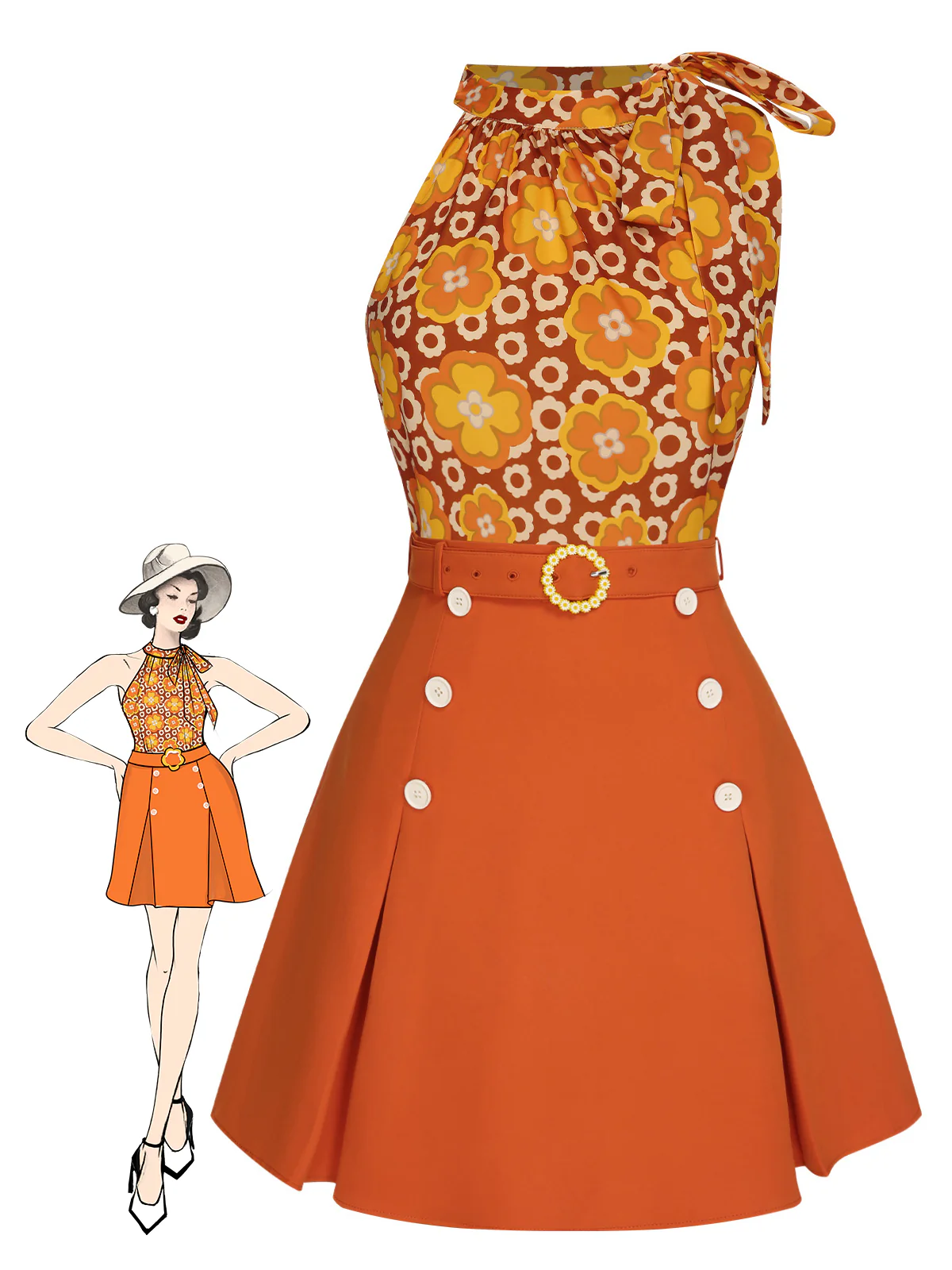 2PCS 1960s Tie Neck Floral Top & Button Solid Skirt - Image 2