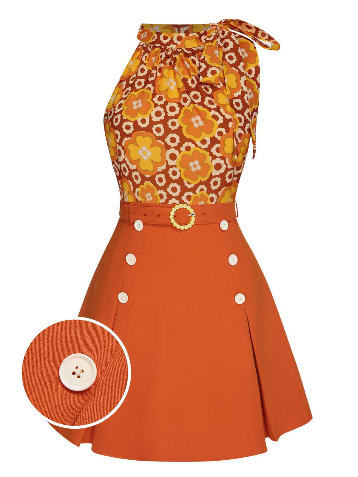 2PCS 1960s Tie Neck Floral Top & Button Solid Skirt - Image 3