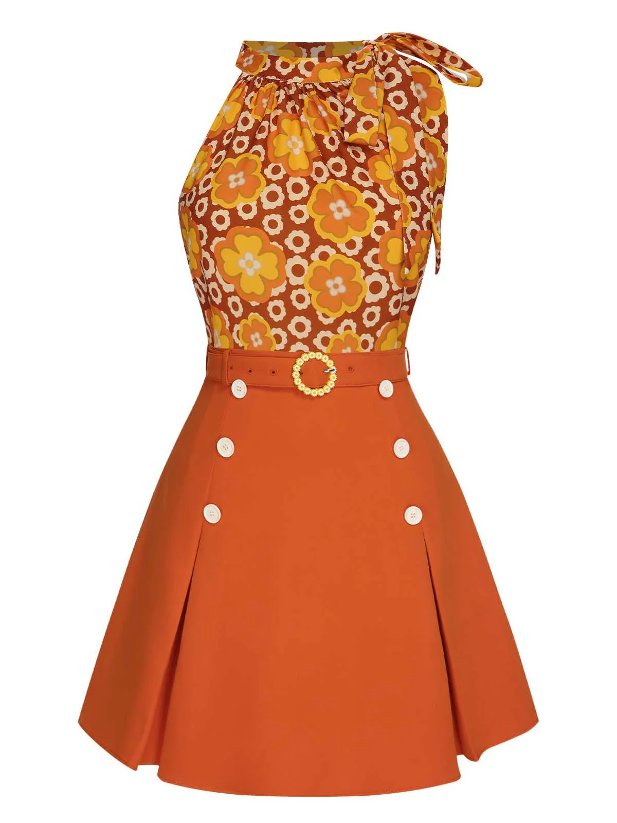 2PCS 1960s Tie Neck Floral Top & Button Solid Skirt - Image 4