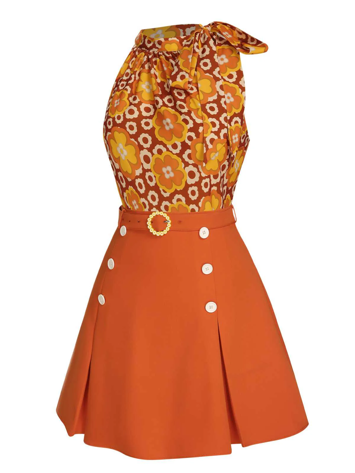 2PCS 1960s Tie Neck Floral Top & Button Solid Skirt - Image 5