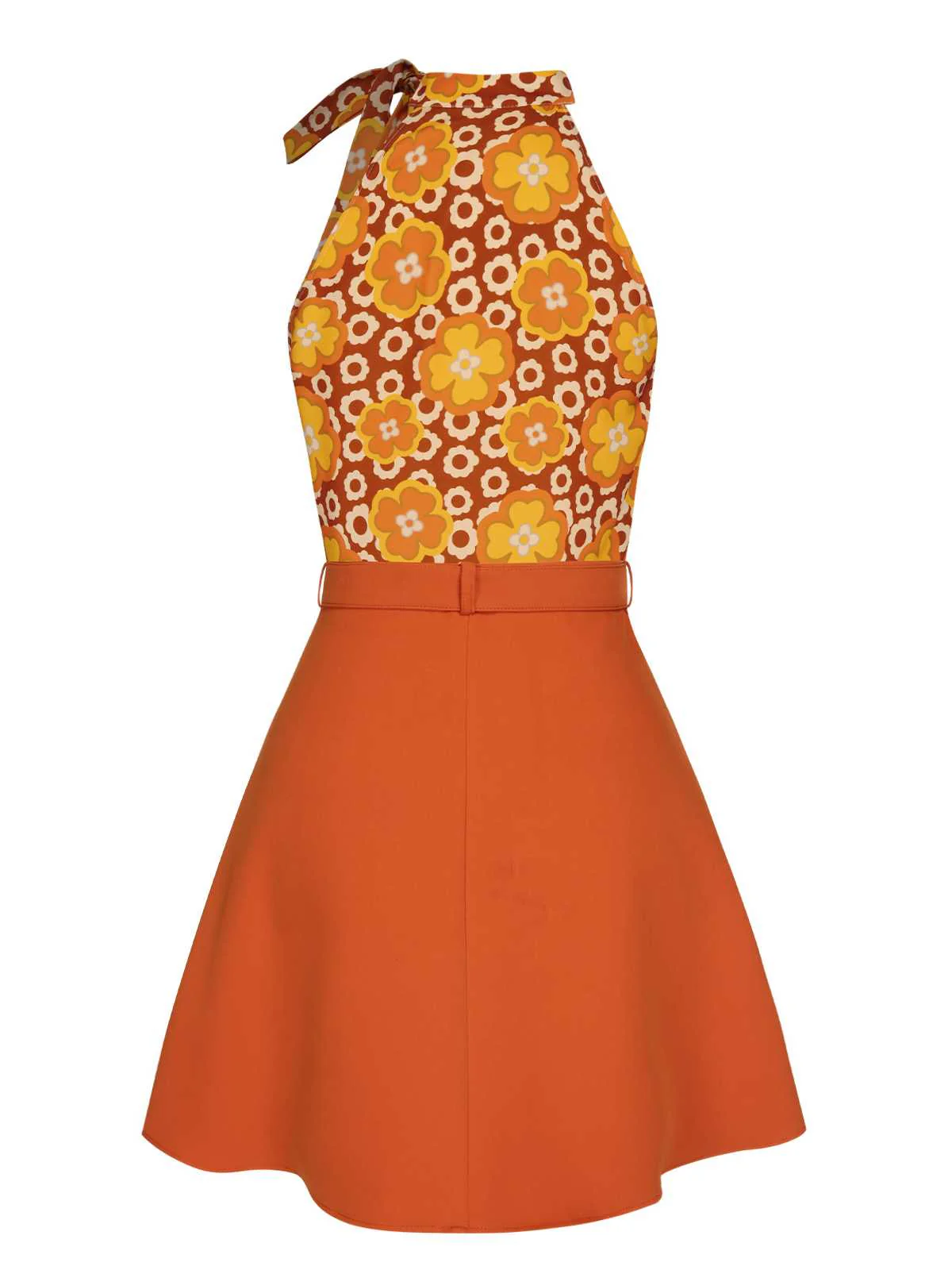 2PCS 1960s Tie Neck Floral Top & Button Solid Skirt - Image 6