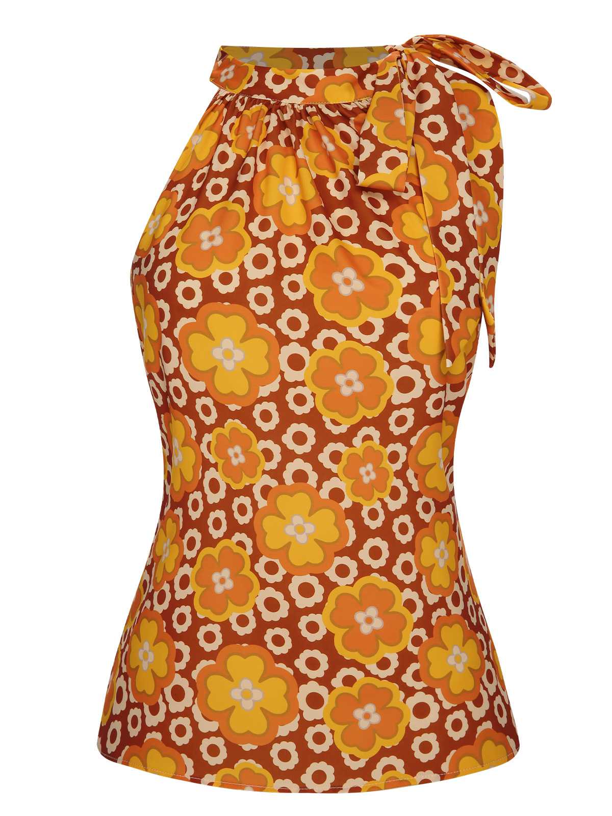 2PCS 1960s Tie Neck Floral Top & Button Solid Skirt - Image 7