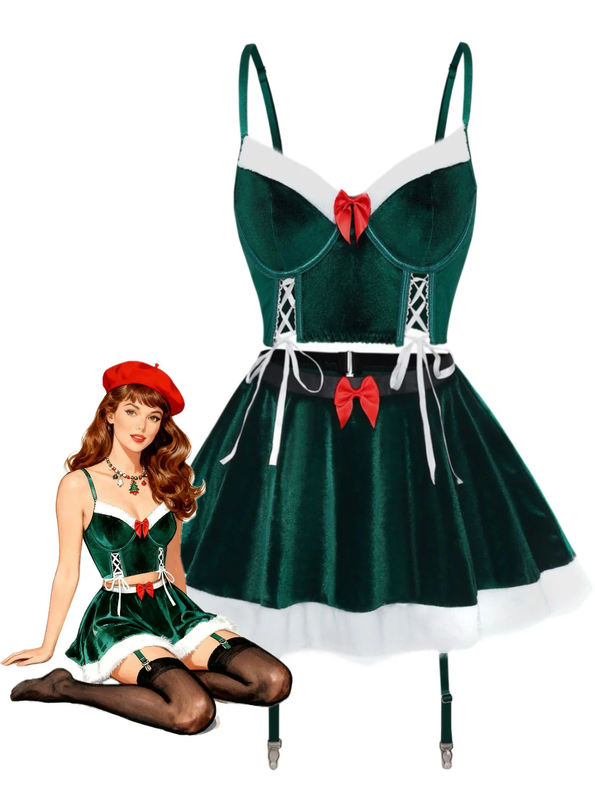 2PCS 1970 Christmas Velvet Top & Skirt Set