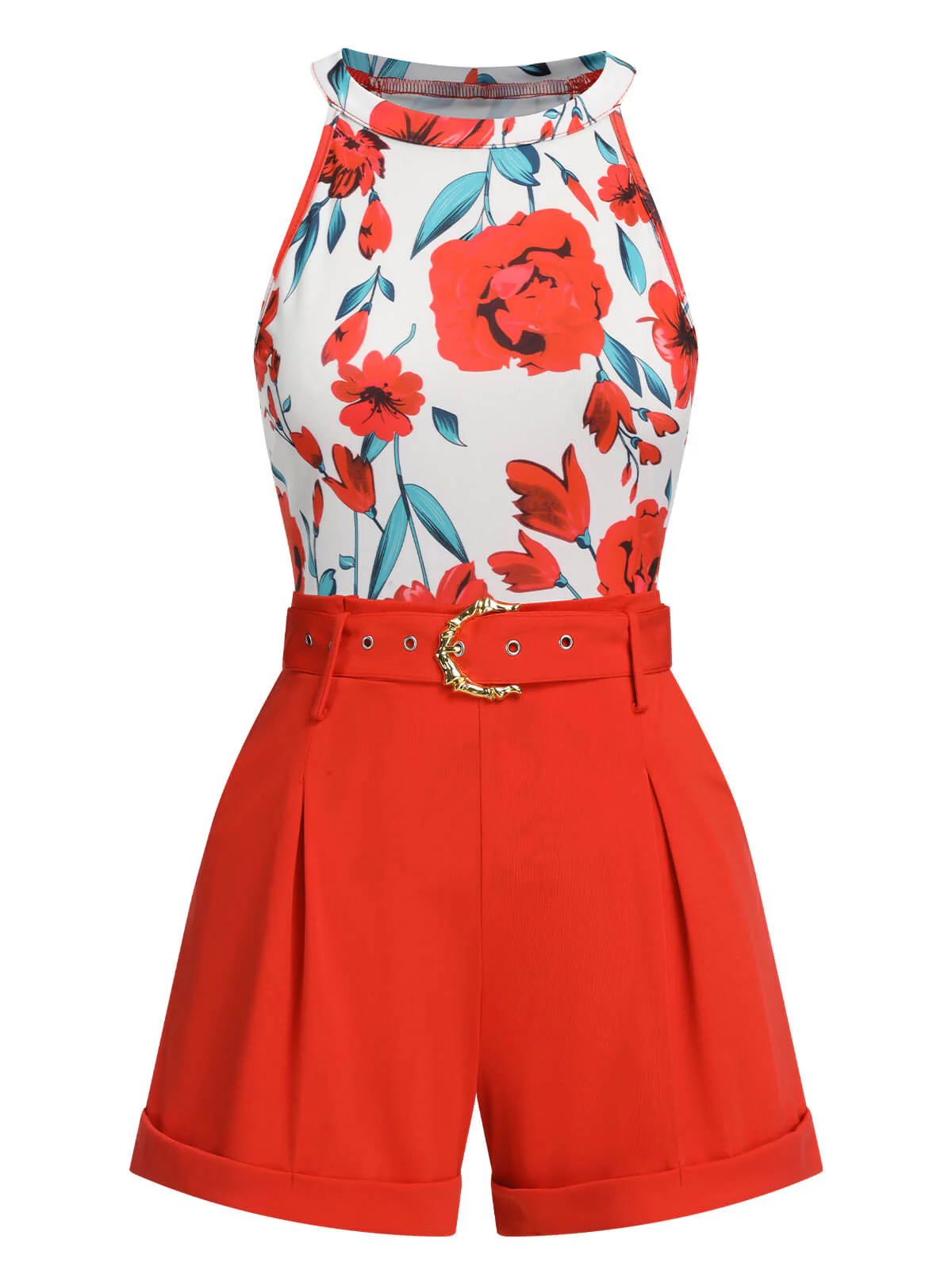 2PCS 1970s Floral Crewl Halter Top & Shorts With Belt
