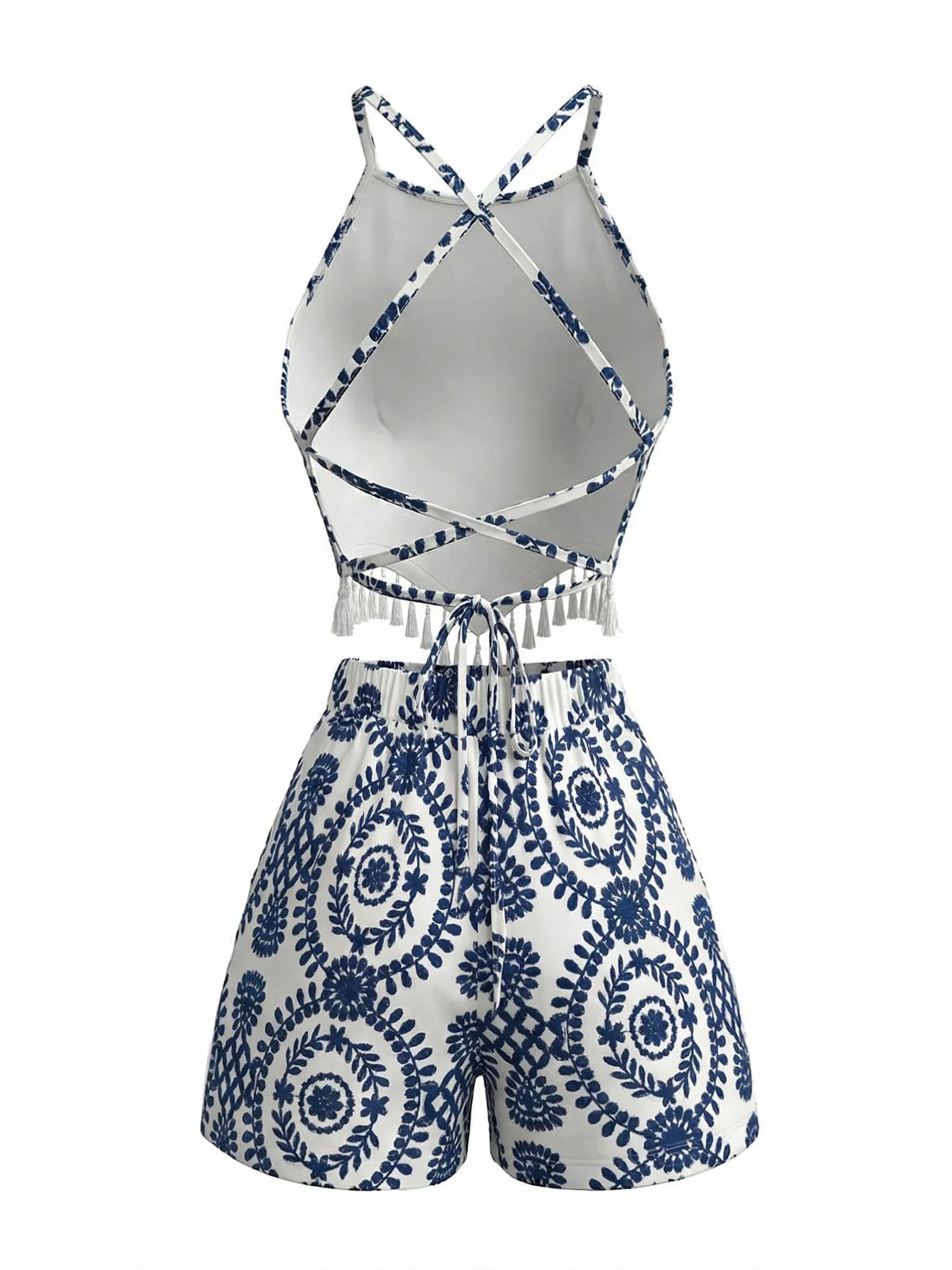 2PCS 1970s Floral Halter Tassel Crop Top & Shorts - Image 3