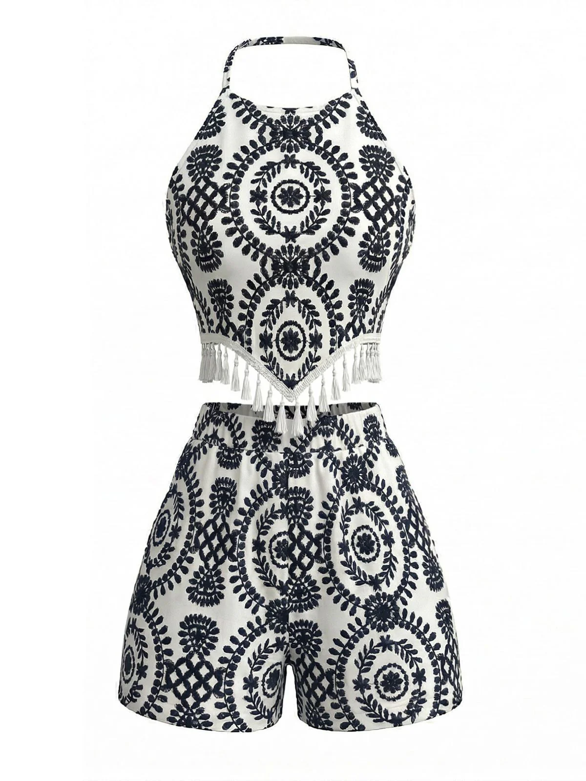 2PCS 1970s Floral Halter Tassel Crop Top & Shorts - Image 4