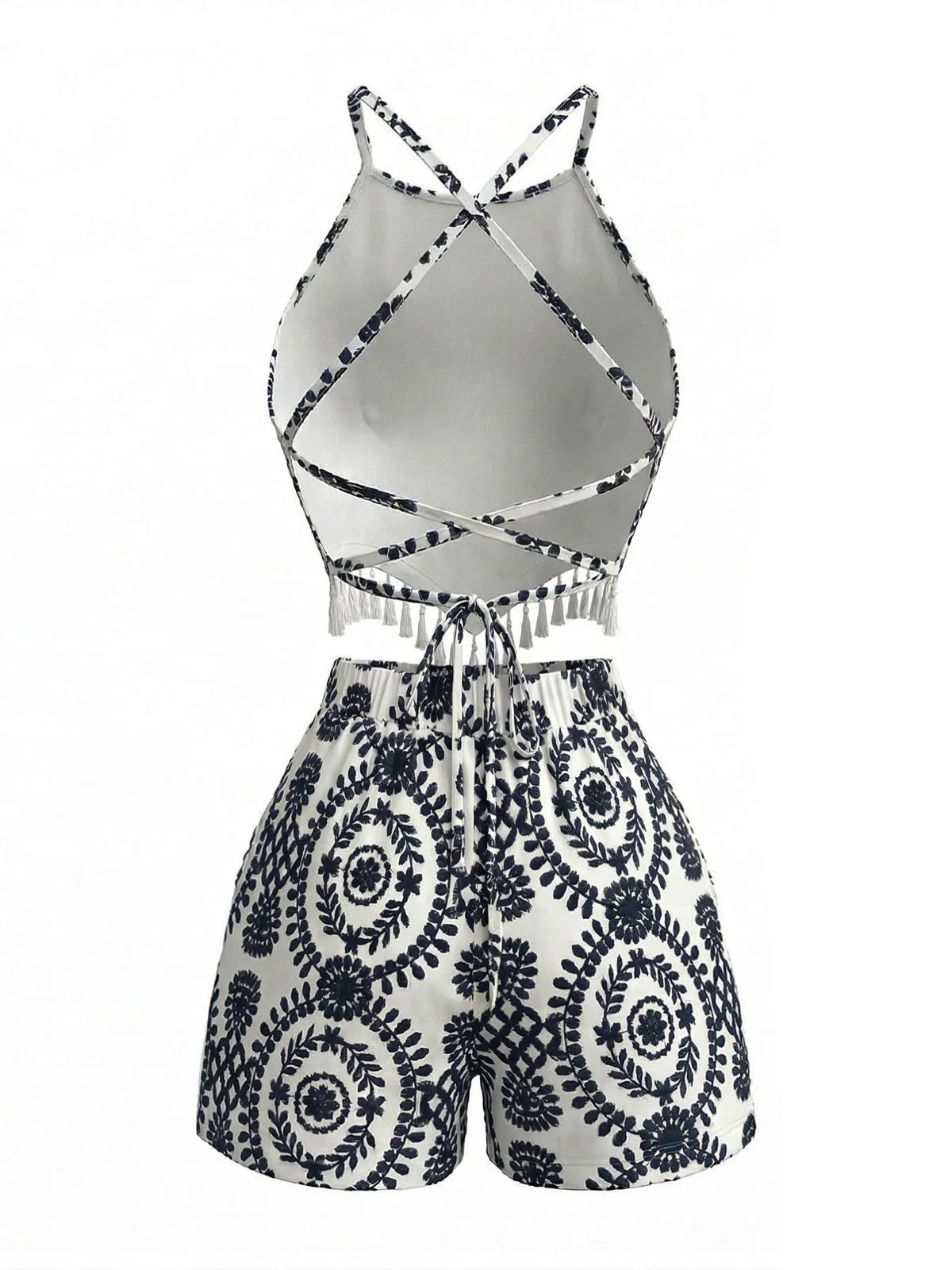 2PCS 1970s Floral Halter Tassel Crop Top & Shorts - Image 5