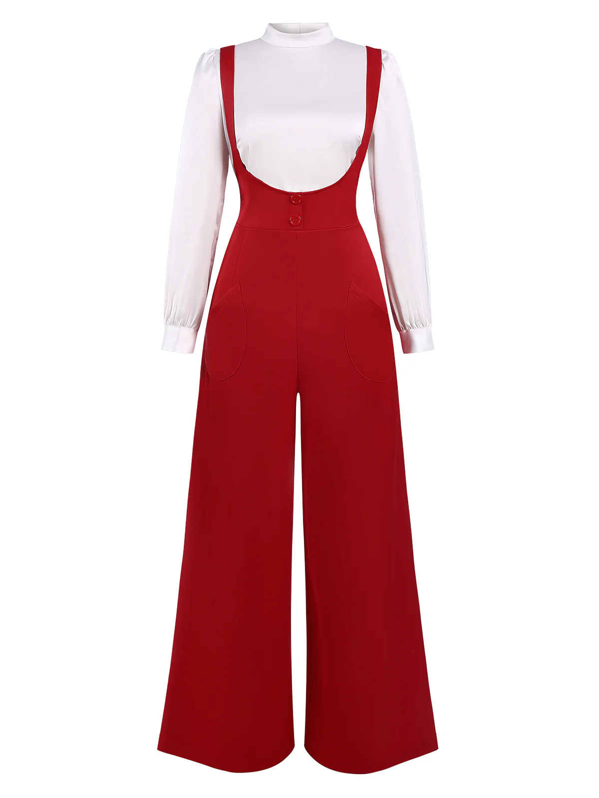 2PCS 1970s Satin High Neck Blouse & Suspender Pants