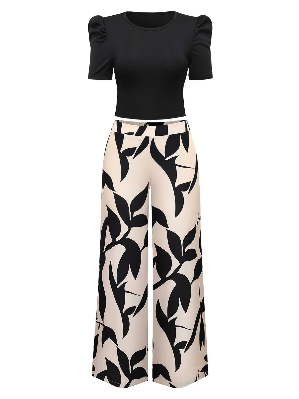 2PCS 1970s Solid Top& Leaf Print Pants