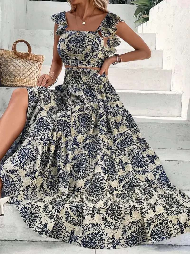 2PCS 1970s Square-Neck Floral Flutter Sleeve Top & Maxi Skirt