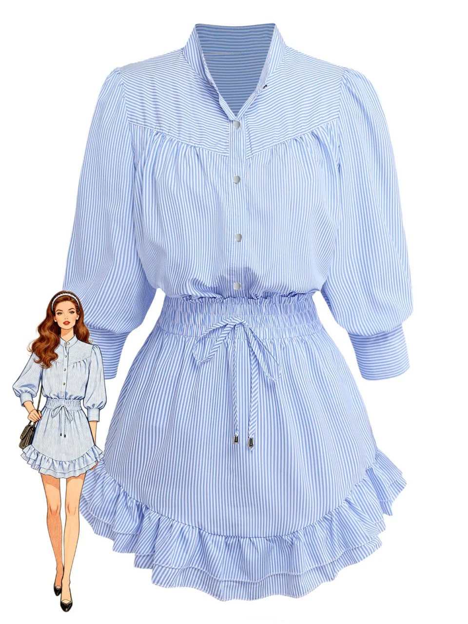 2PCS 1970s Stripe Half Sleeve Top & Ruffled Hem Skirt