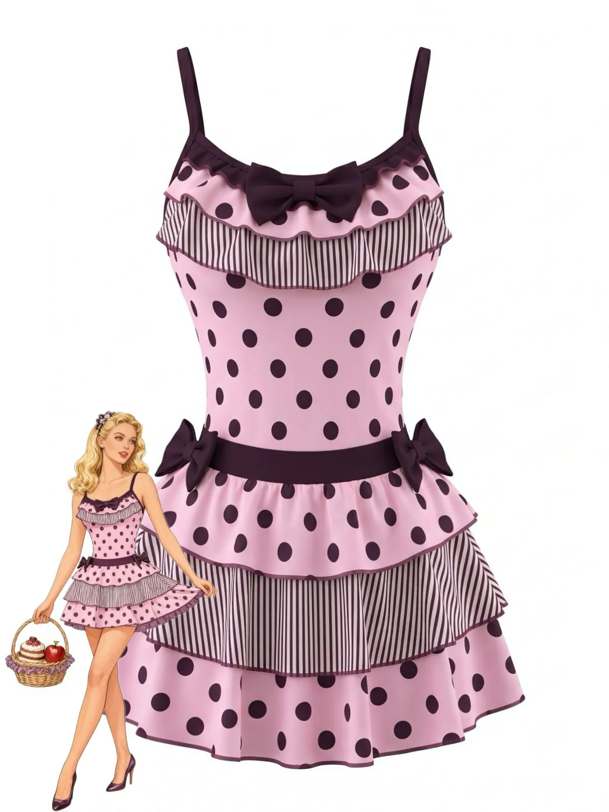 2PCS 1980s Polka Dot Sleeveless Tank Top & Layered Mini Skirt - Image 3