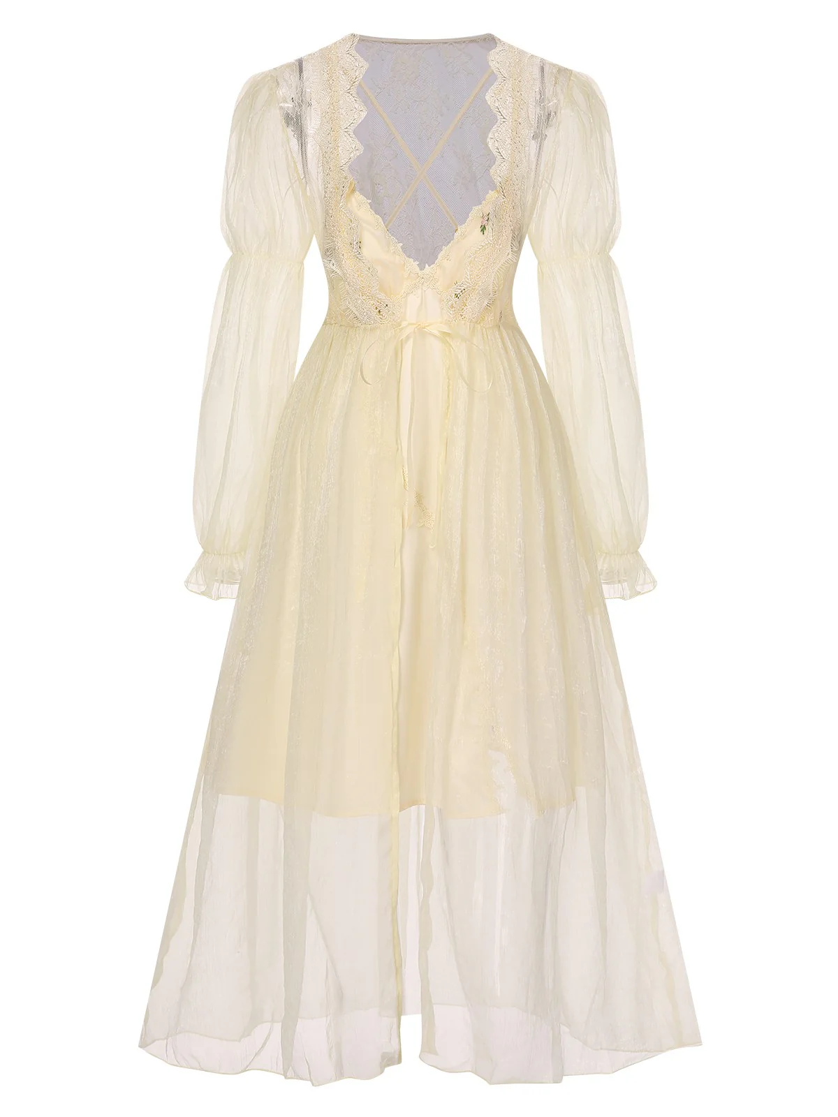2PCS Apricot 1950s Floral Straps Slit Nightgown & Robe - Image 4