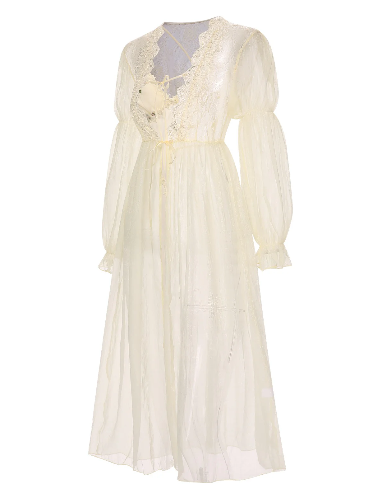 2PCS Apricot 1950s Floral Straps Slit Nightgown & Robe - Image 5
