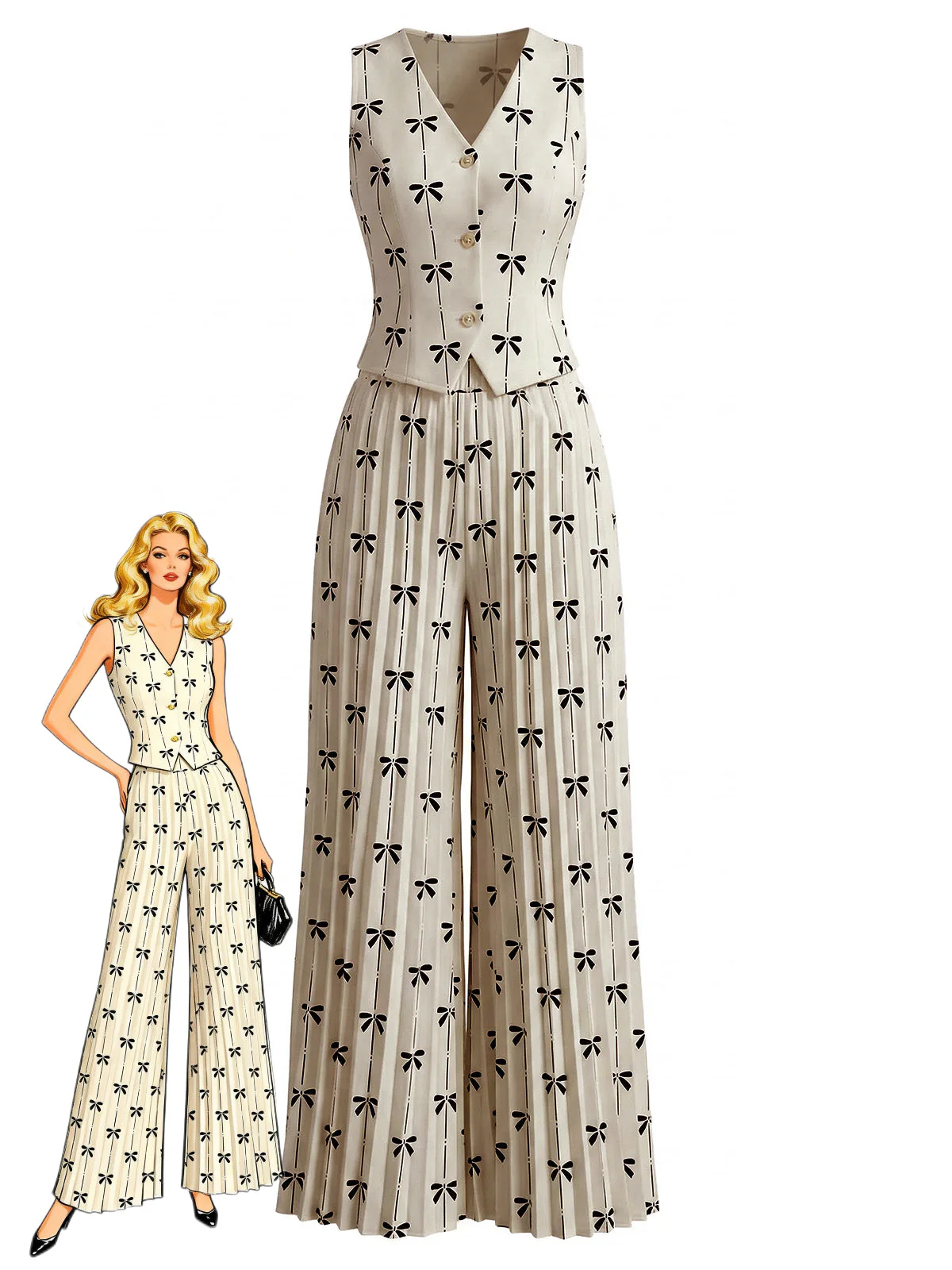2PCS Beige 1940s Bow Sleeveless Vest & Pleated Pants