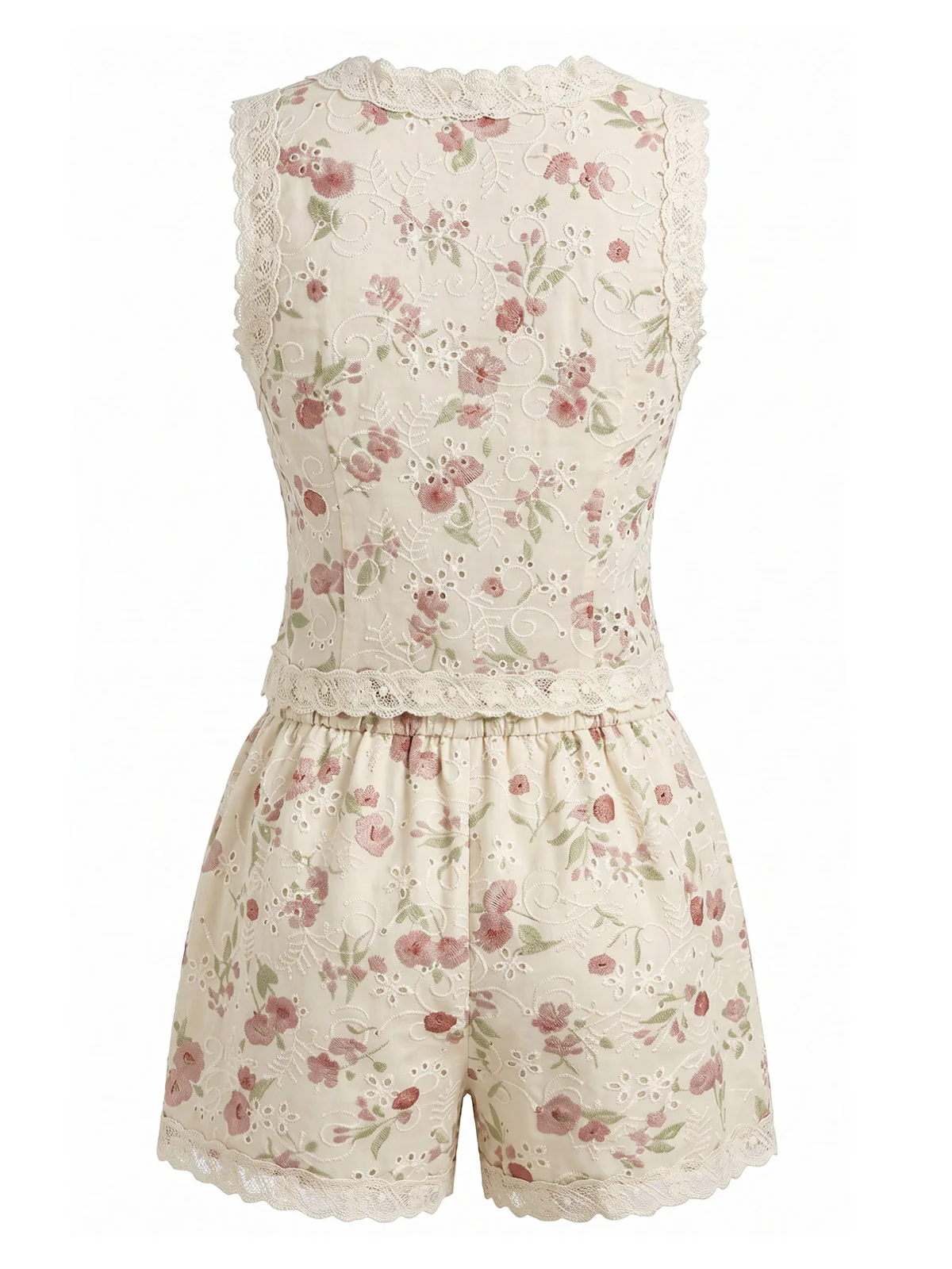 2PCS Beige 1940s Ditsy Floral Lace Patchwork Top & Shorts - Image 3