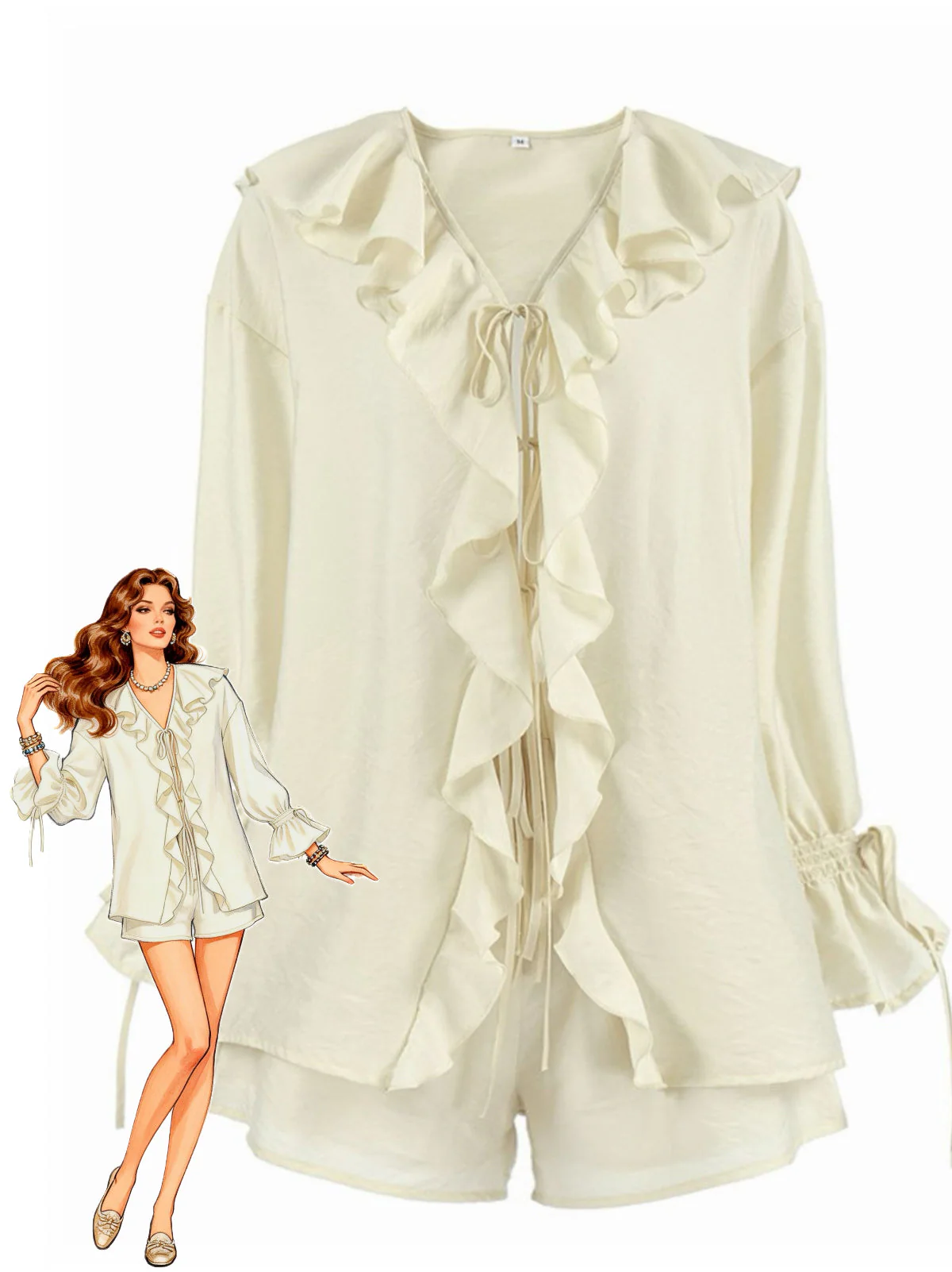 2PCS Beige 1940s Ruffle Lace-up Cardigan & Shorts Set