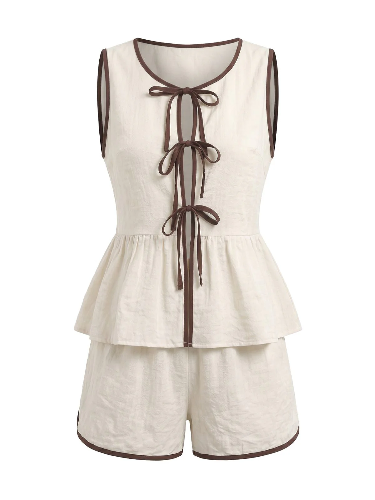 2PCS Beige 1950s Front Tie Vest & Shorts - Image 3