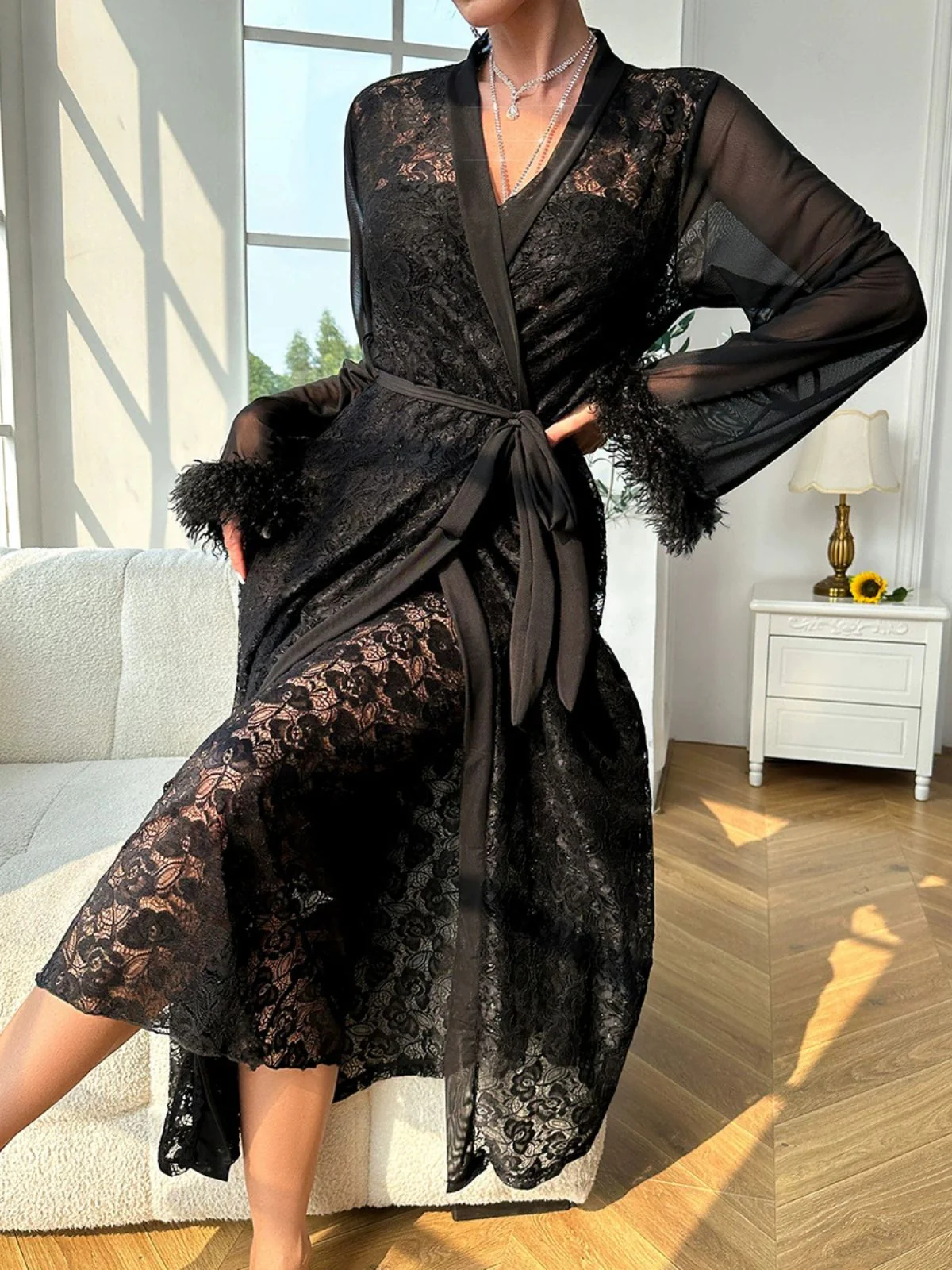 2PCS Black 1940s Lace Sheer Sleepwear Set - Image 5