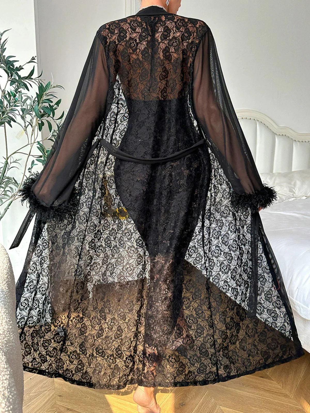 2PCS Black 1940s Lace Sheer Sleepwear Set - Image 7