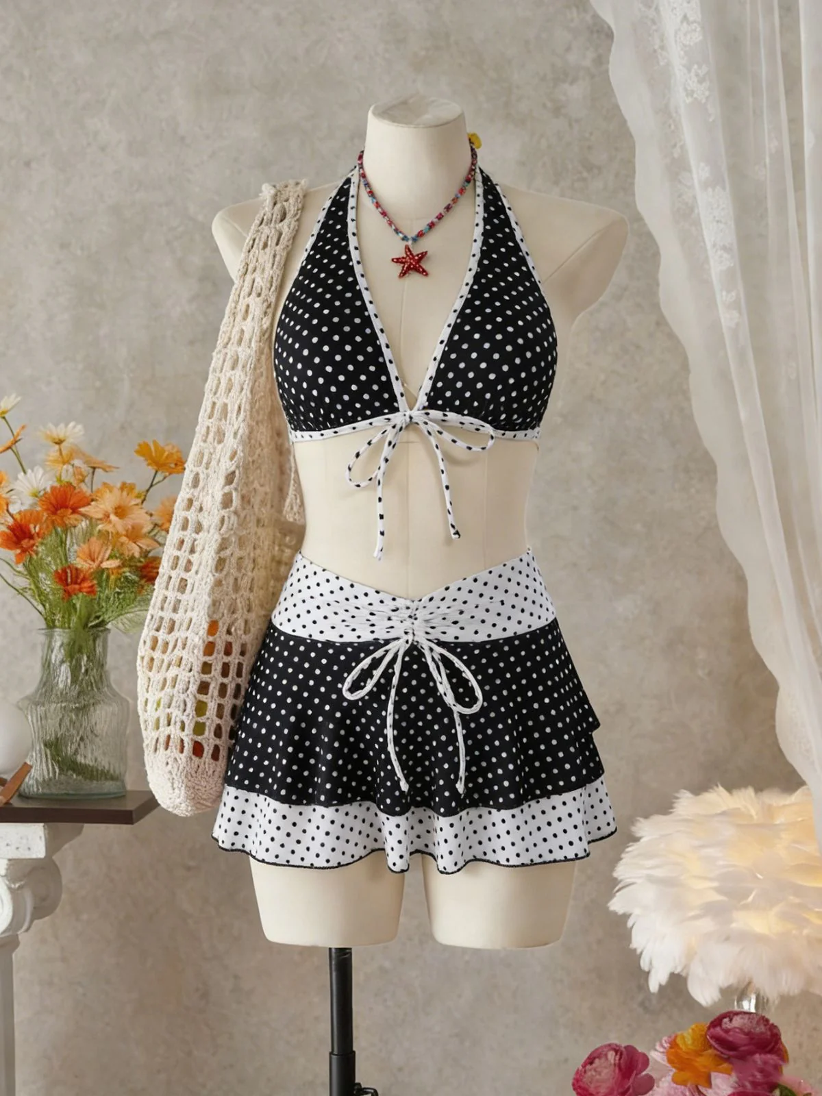 [Pre-Sale] 2PCS Black 1940s Polka Dot Halter Bikini Set & Cover-Up - Image 4