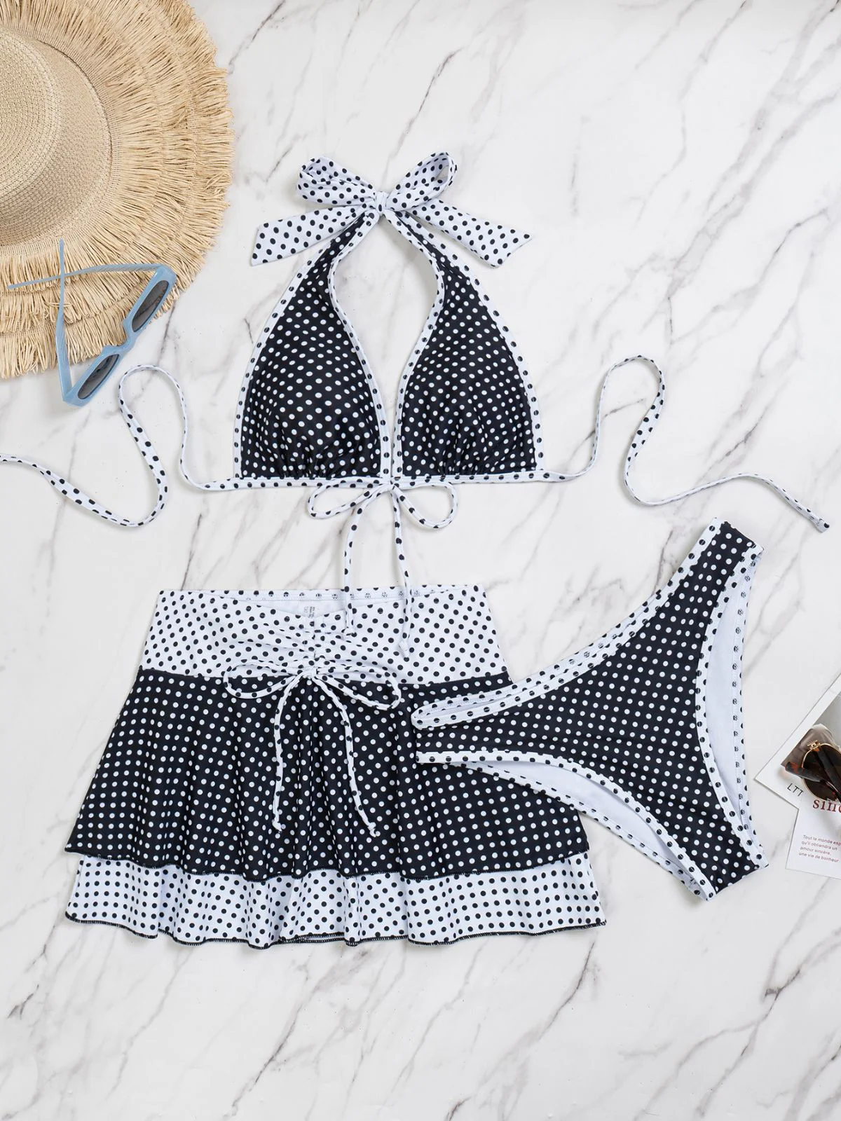 [Pre-Sale] 2PCS Black 1940s Polka Dot Halter Bikini Set & Cover-Up - Image 5