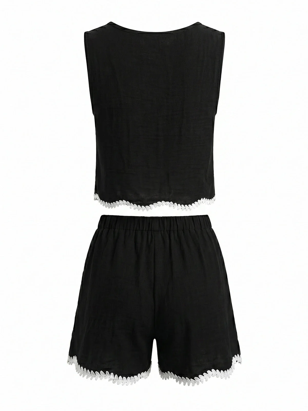2PCS Black 1950s Crochet Trim Sleeveless Vest & Shorts - Image 3