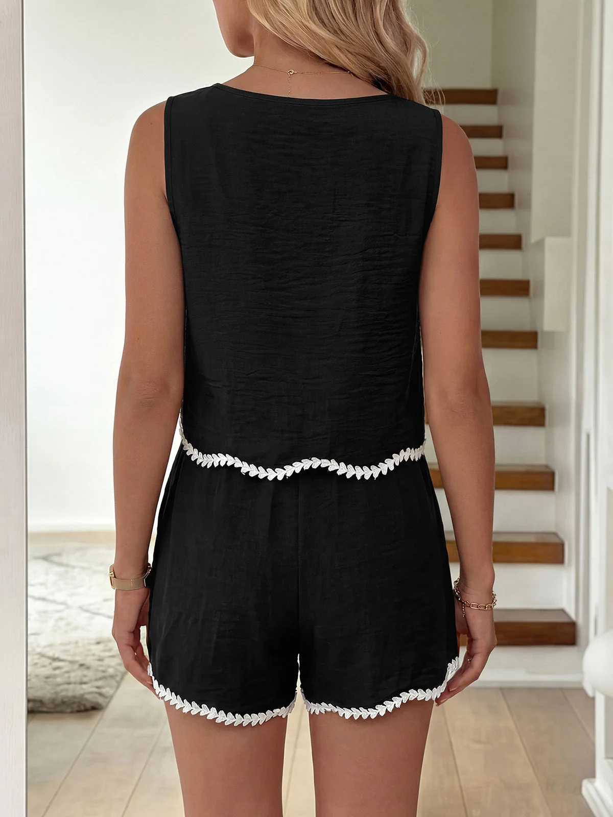 2PCS Black 1950s Crochet Trim Sleeveless Vest & Shorts - Image 4