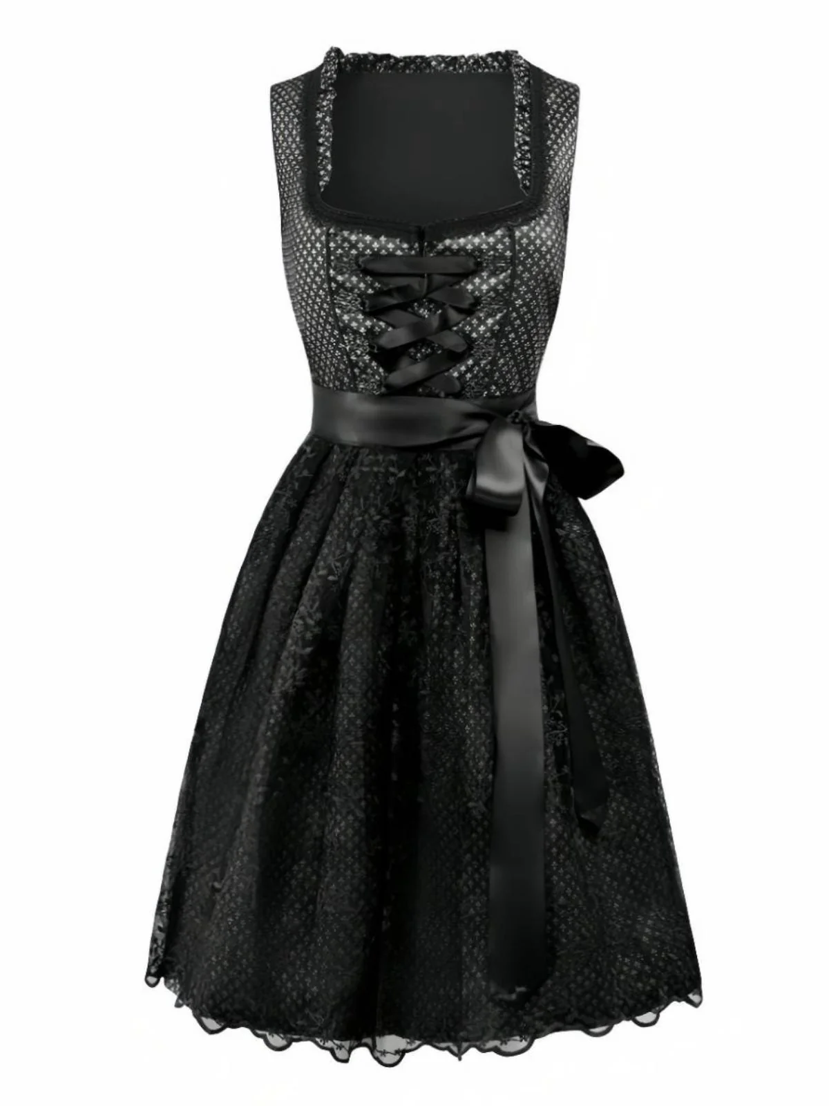 2PCS Black 1950s Ethnic Floral Lace-Up Dress & Apron