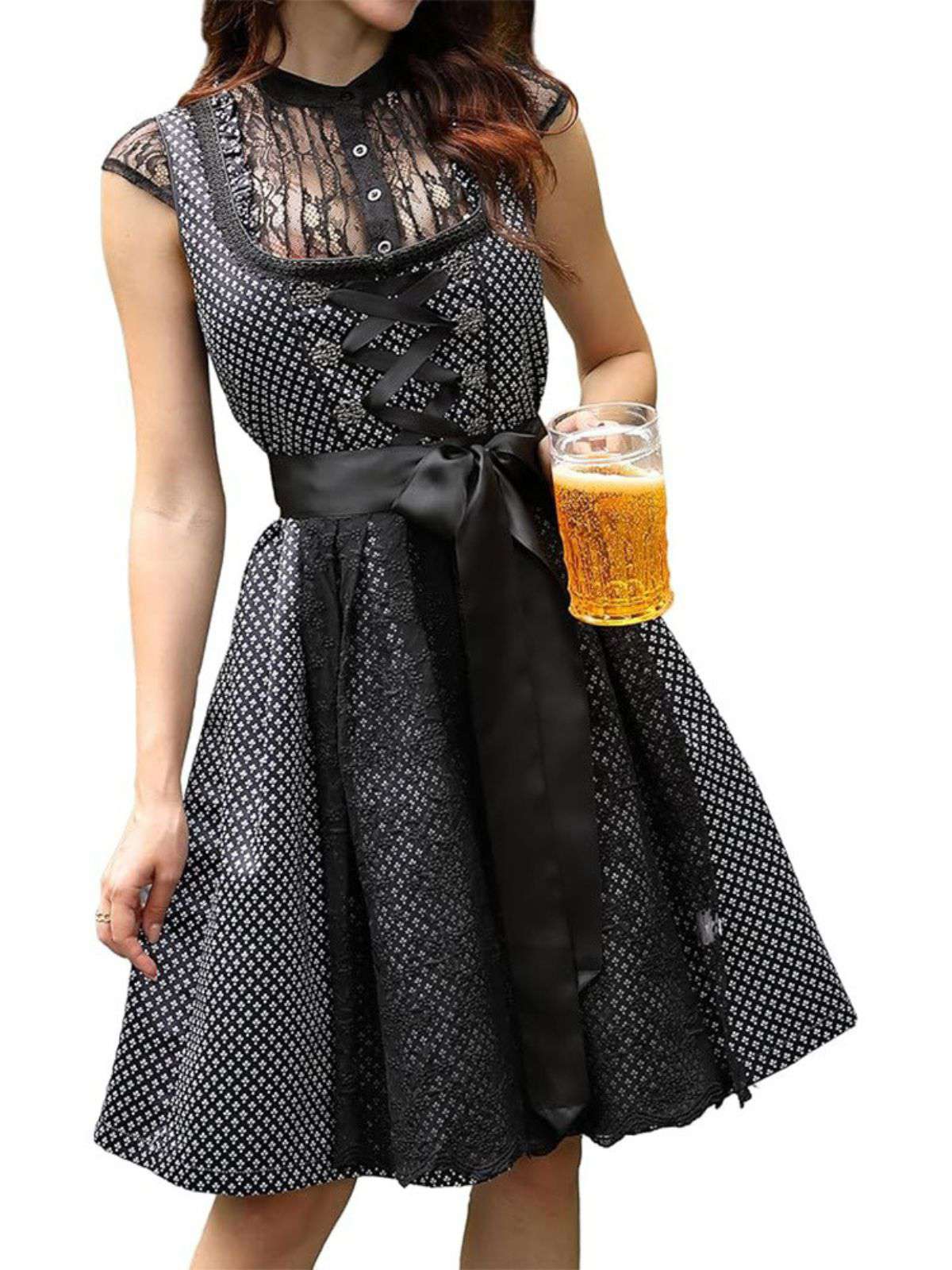 2PCS Black 1950s Ethnic Floral Lace-Up Dress & Apron - Image 2
