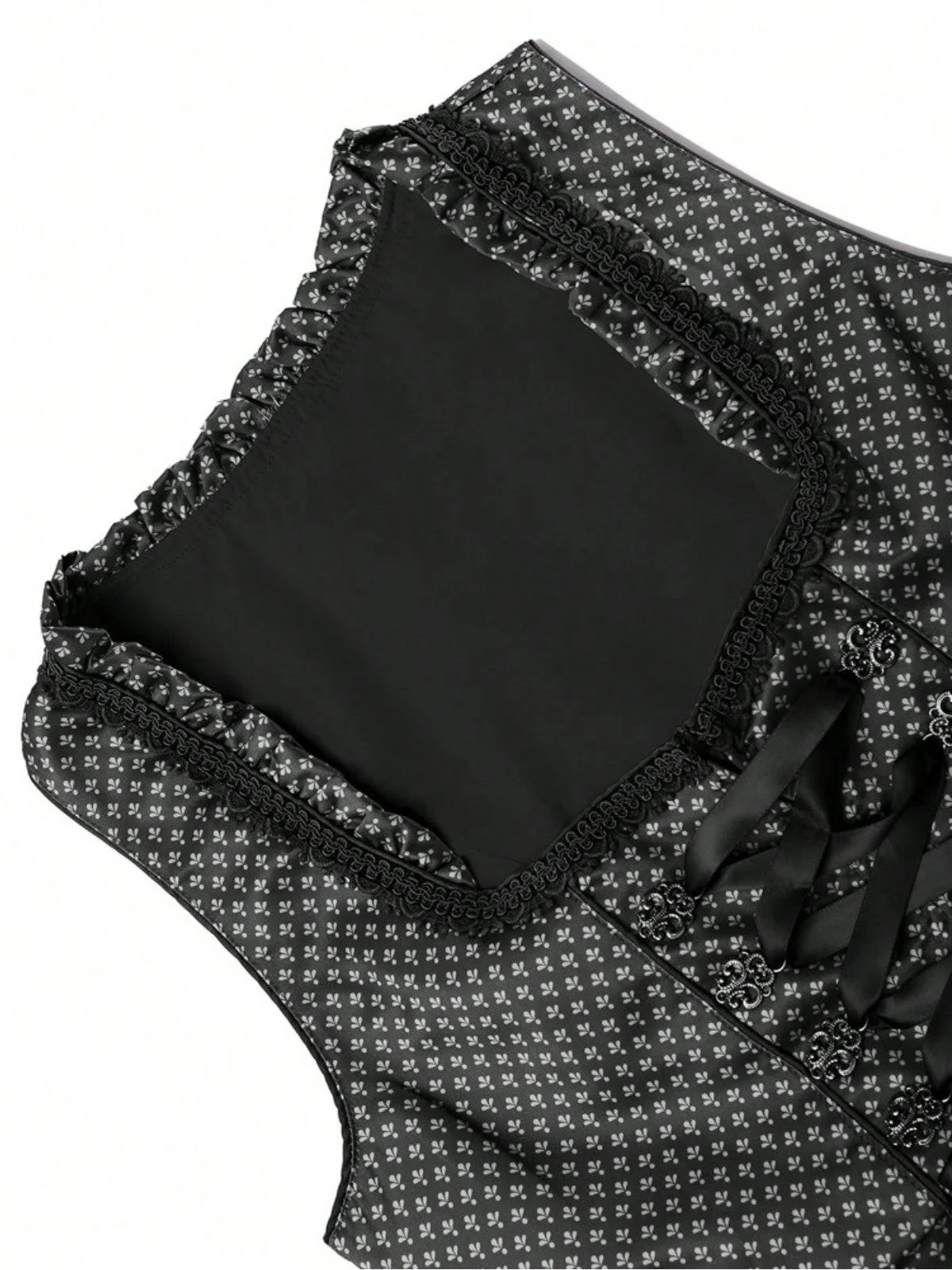 2PCS Black 1950s Ethnic Floral Lace-Up Dress & Apron - Image 4